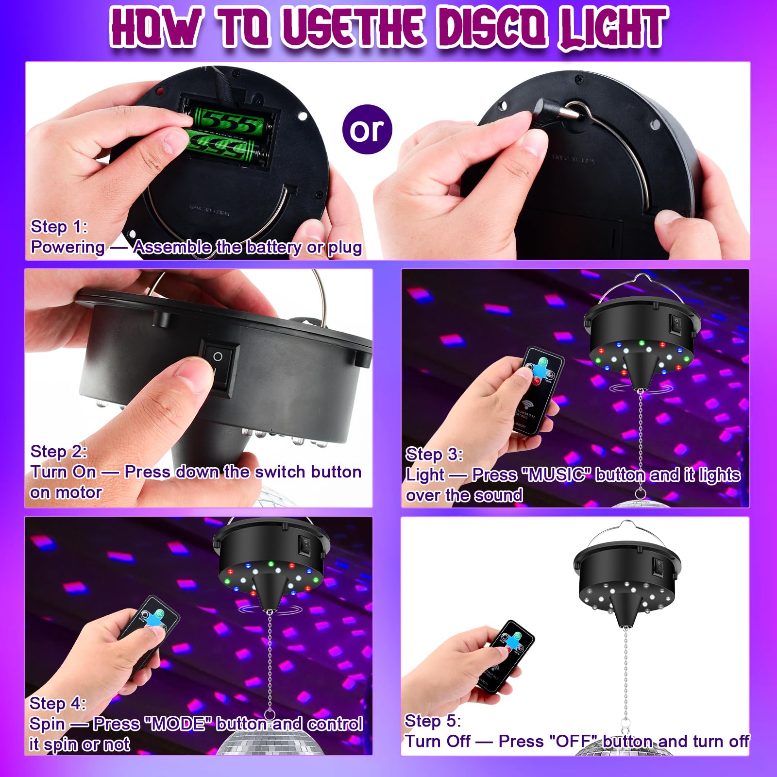 Discokugel Motor Spiegelkugel Drehmotor 10 U/min Disco Kugel Motor mit Fernbedienung, Kette, 4 Bunten Lichtern und 18 LED-Perle Multi-Modus Leiser Antriebsmotor zum Diskokugel Zubehör