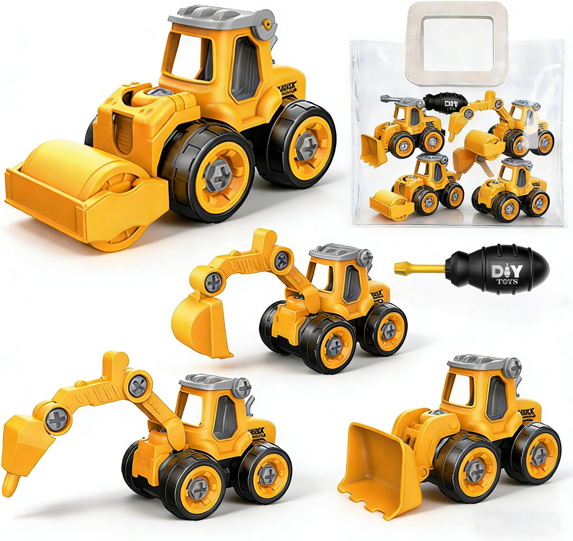 Take Apart Toy Construction Truck, STEM Learning Engineering Building Kit for Kids Ages 3-7, 4 in 1 DIY Truck Set with Tool for Kids Children (yellow)