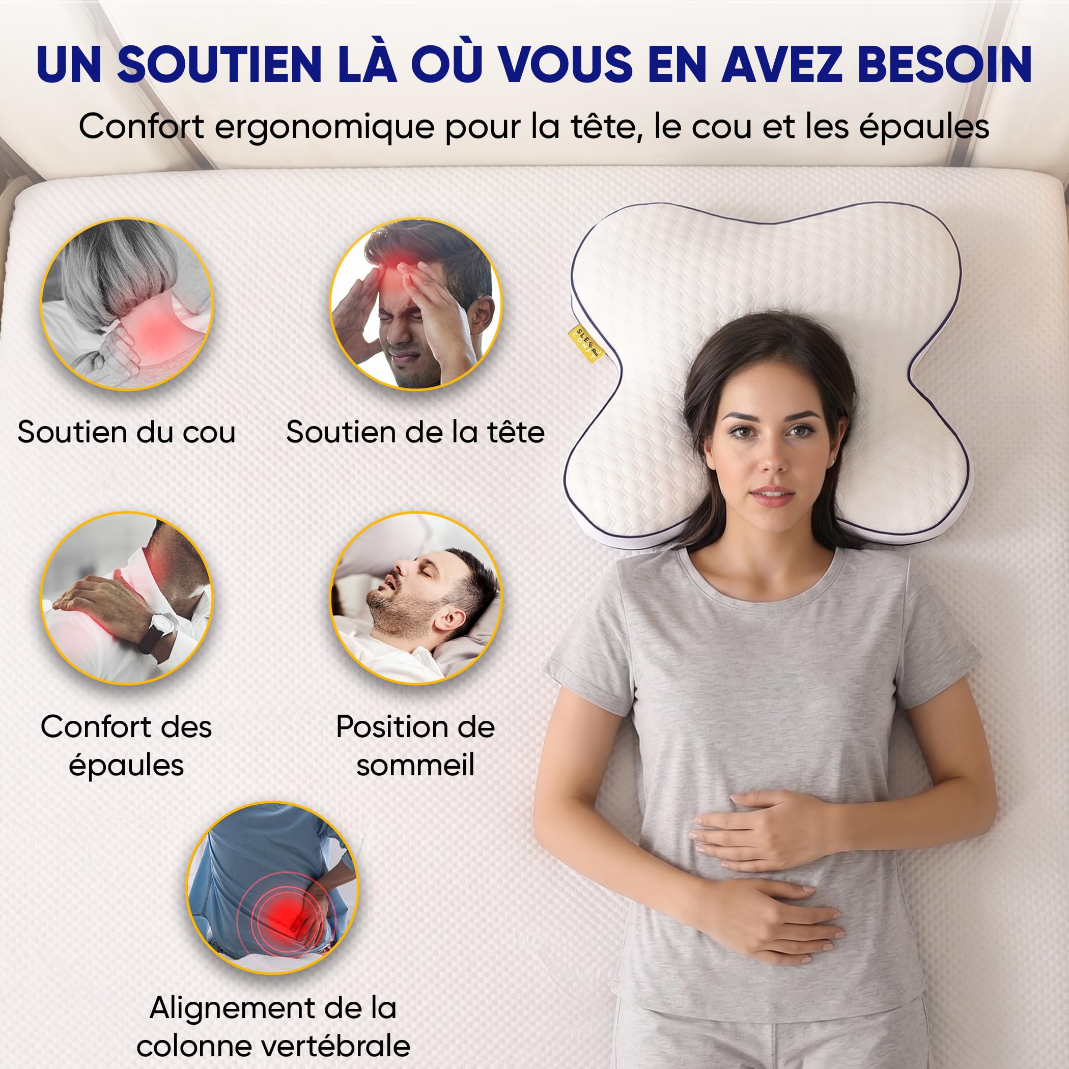 SLEEP COMFY Premium Oreiller Memory Foam, Cervical Mousse à Mémoire de Forme pour Le Soulagement des Douleurs OEKO-TEX Oreiller Orthopédique Ergonomique pour Les Dormeurs sur Le Côté Le Dos, Le Ventre