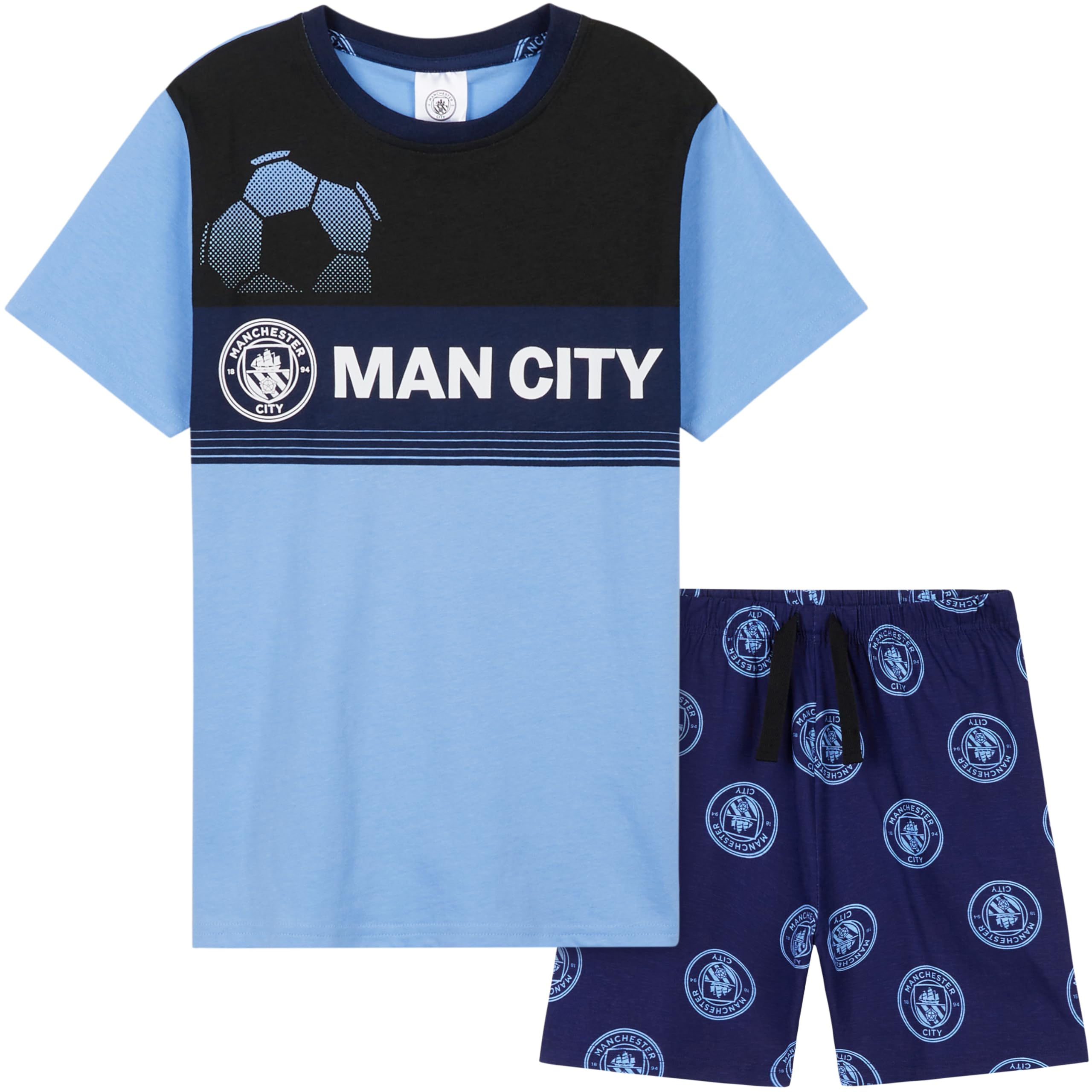 MANCHESTER CITY F.C. Boys Short Pyjama Set Breathable Lounge Wear Man City Gifts (Black/Blue, 5-6 Years)