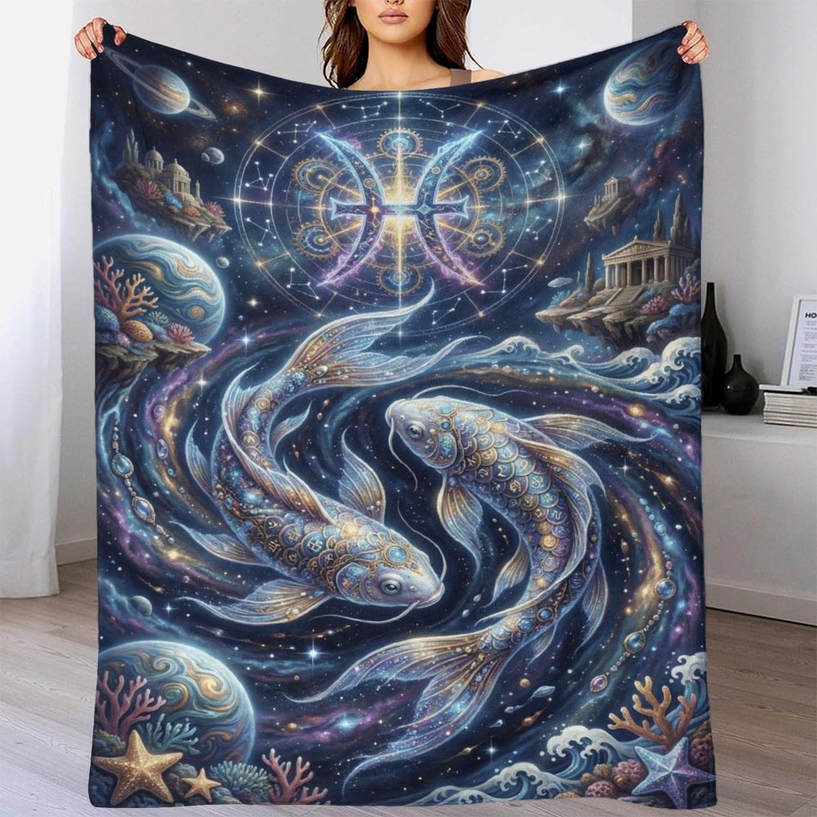 H3B8U2Y5 Pisces Zodiac for for Flannel Throw Blanket, Bedroom Nap Use