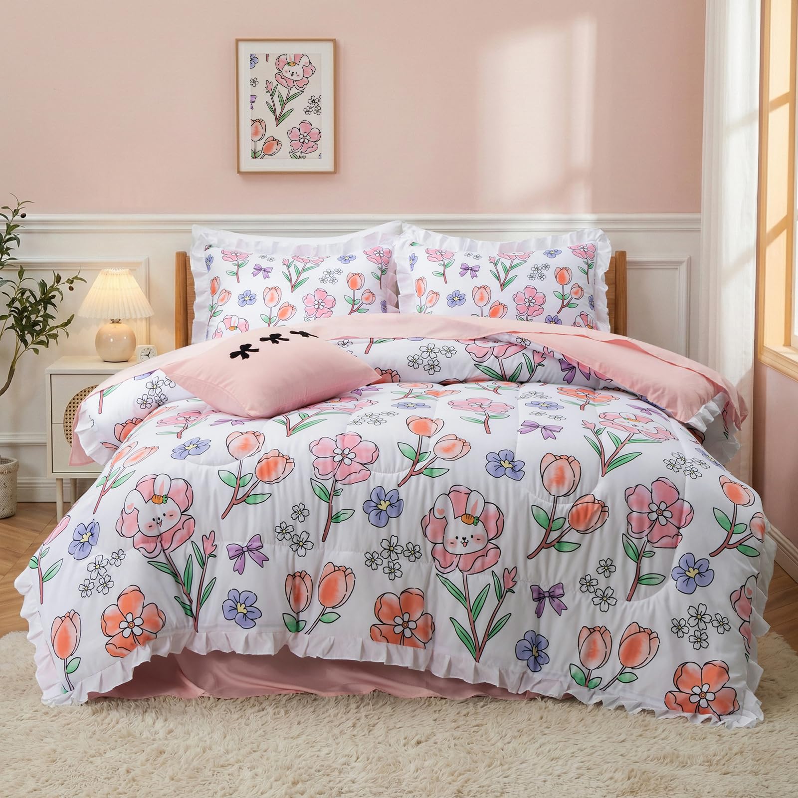 Aimuan Flower Comforter Set Cute Rabbit Bedding Set (White, Full 6Pcs)