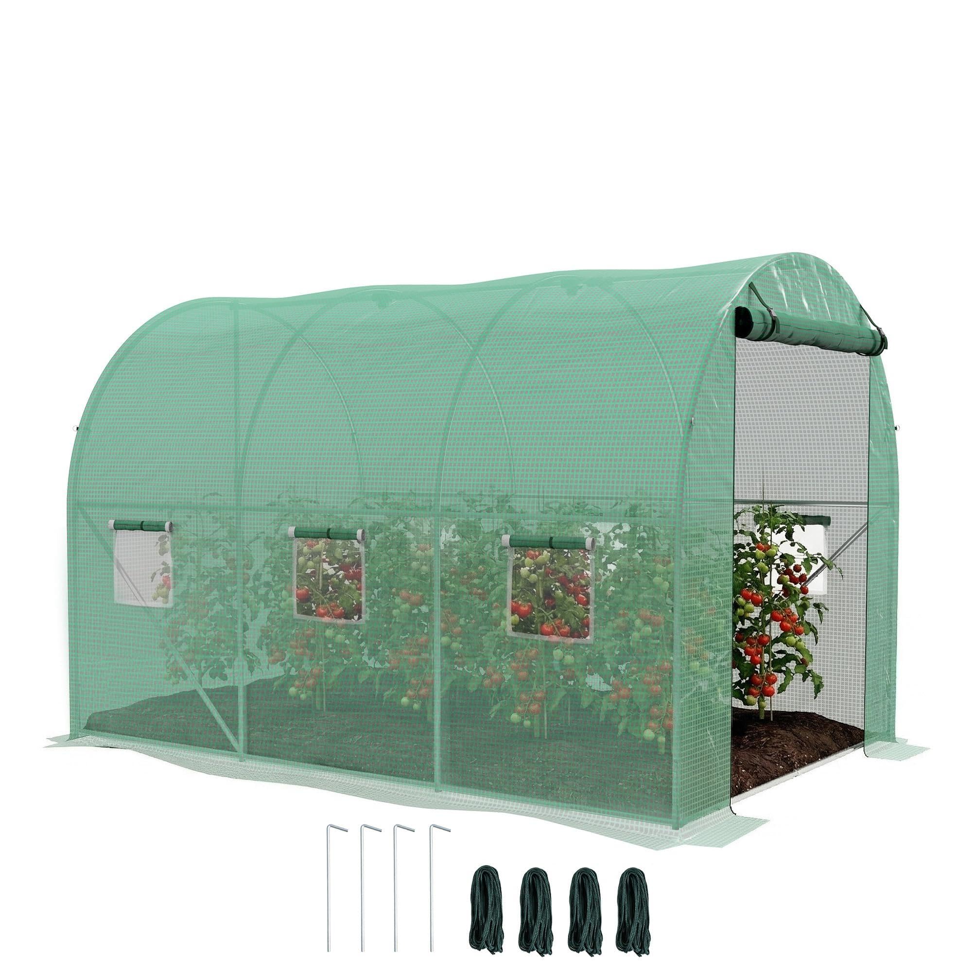 Outsunny Serre de Jardin Tunnel 6 m² Serre à tomates avec système d'arrosage intégré 3L x 2l x 2H m Acier renforcé + PE Haute densité 140 g/m² 6 fenêtres Porte Enroulable Vert