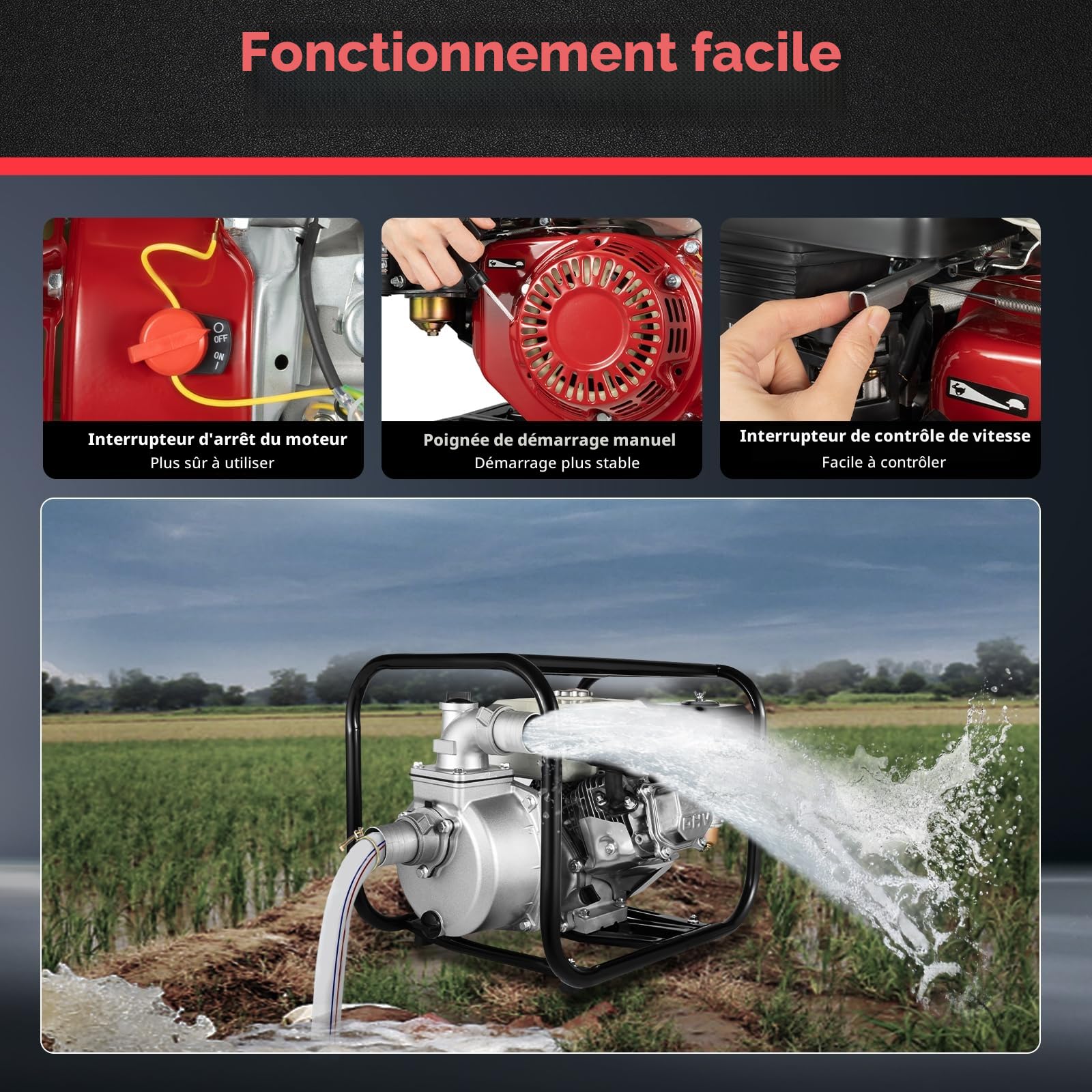 Pompe à eau 4 temps 210 cc 3600 tr/min Débit max 36 m³/h Jardin Terres agricoles, vergers et potagers