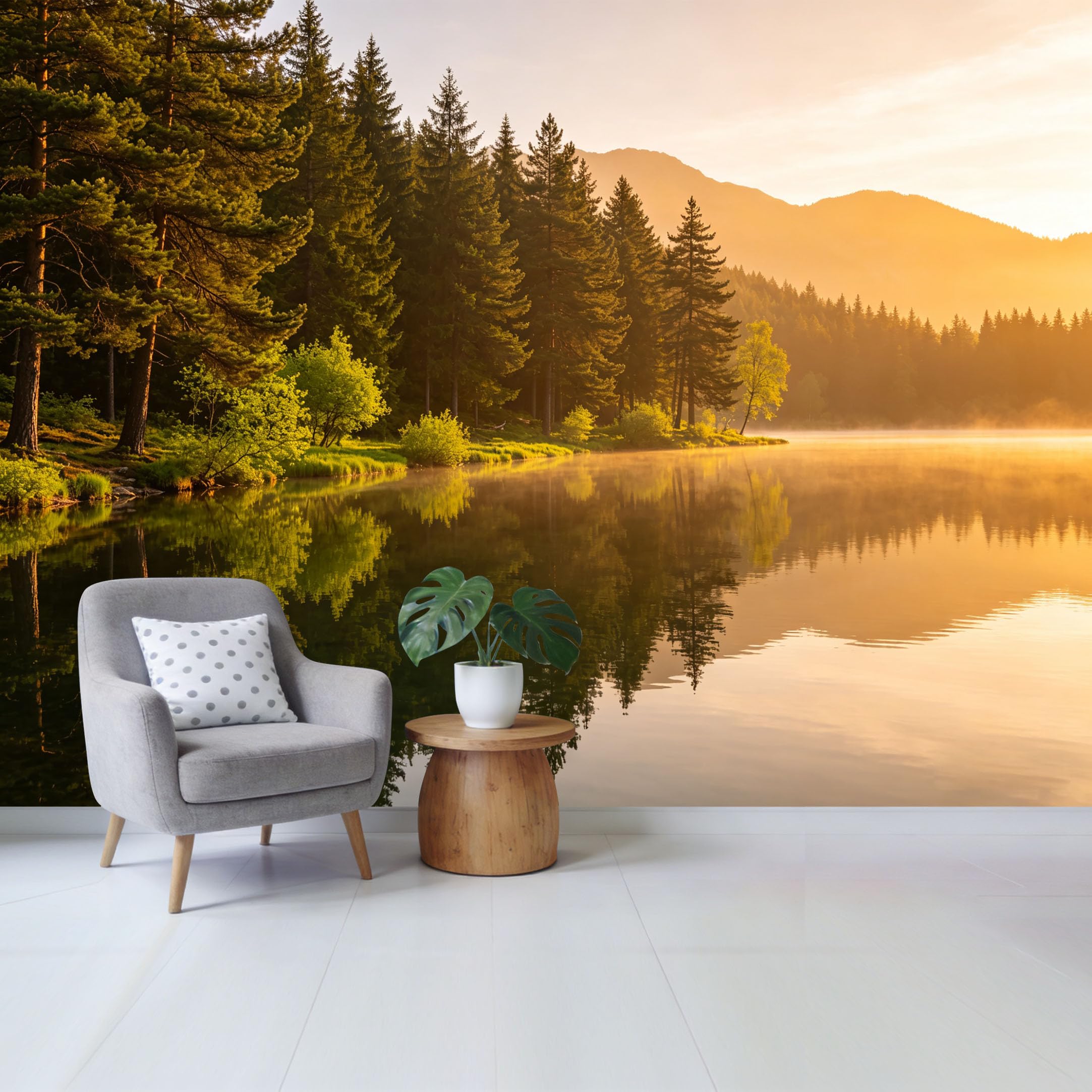 Qzlithotic Yq2605250238 Custom Size Wall Mural Golden Sunset Reflection Over Mountain Lake Forest Landscape Selfadhesive Wall Fabric Removable Wallpaper For Home Office Decor
