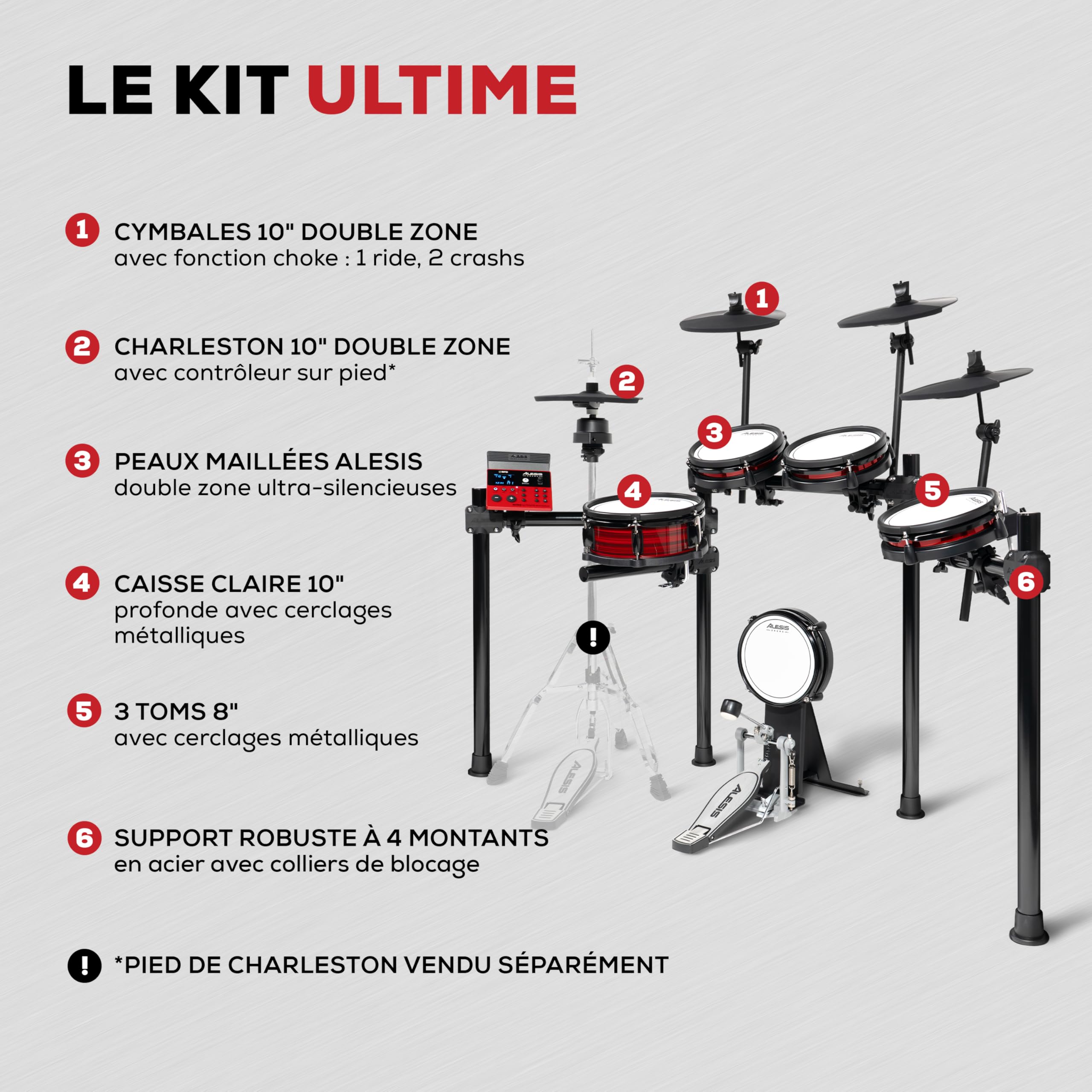 Alesis Nitro Ultimate Batterie Électronique avec Pads Maillés à Double Zone, Charleston Autonome, 640 Sons BFD Authentiques et 52 Kits, Bluetooth, Drumeo, USB MIDI, Compatible Double Grosse Caisse | 52 kits, 640 sons plus, audio Bluetooth, Hi-Hat mobile m