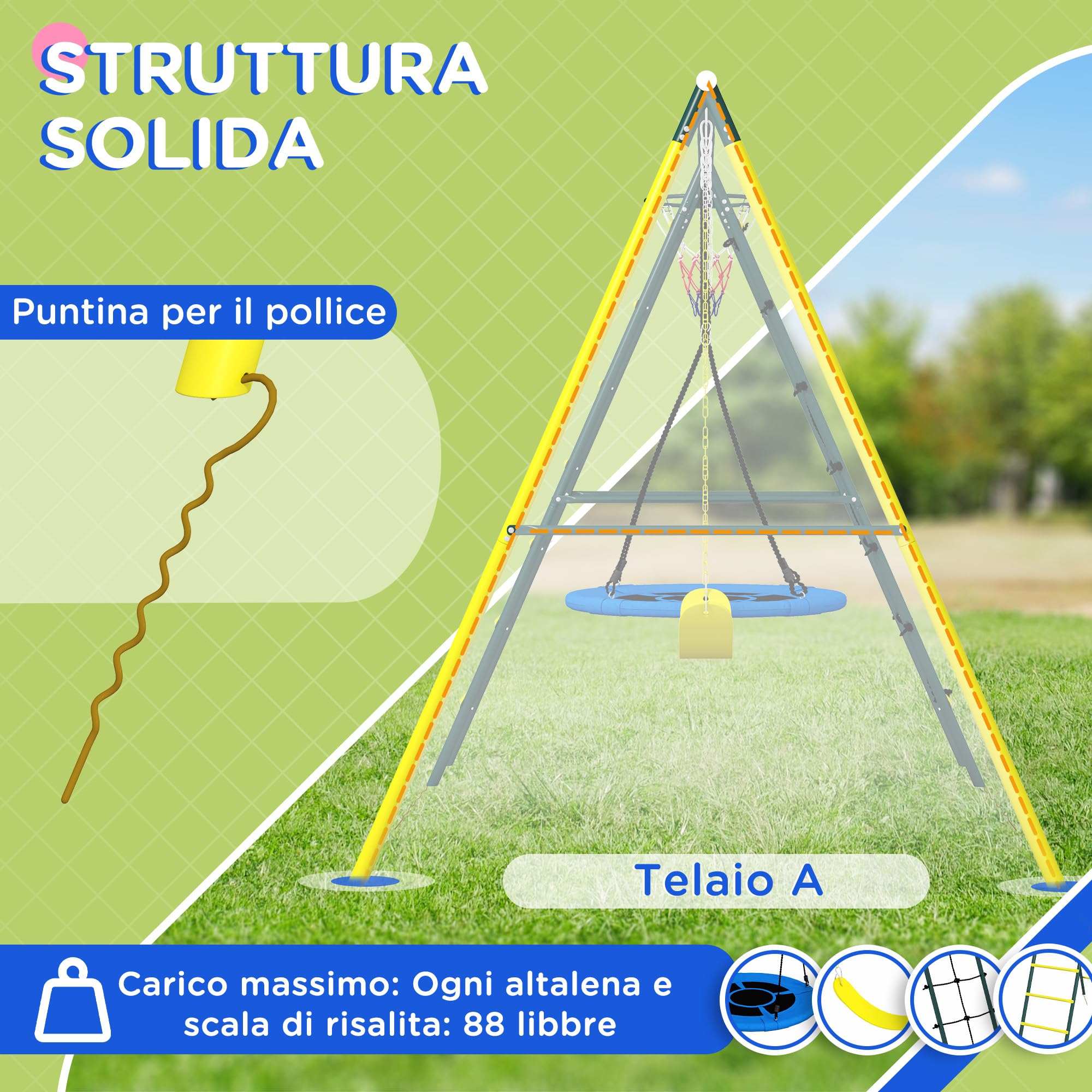 Outsunny Set Altalene da Giardino per Bambini con Scaletta, Giochi da Esterno per Bambini 3-8 Anni con Altalena Rotonda e Classica, Scale e Canestro