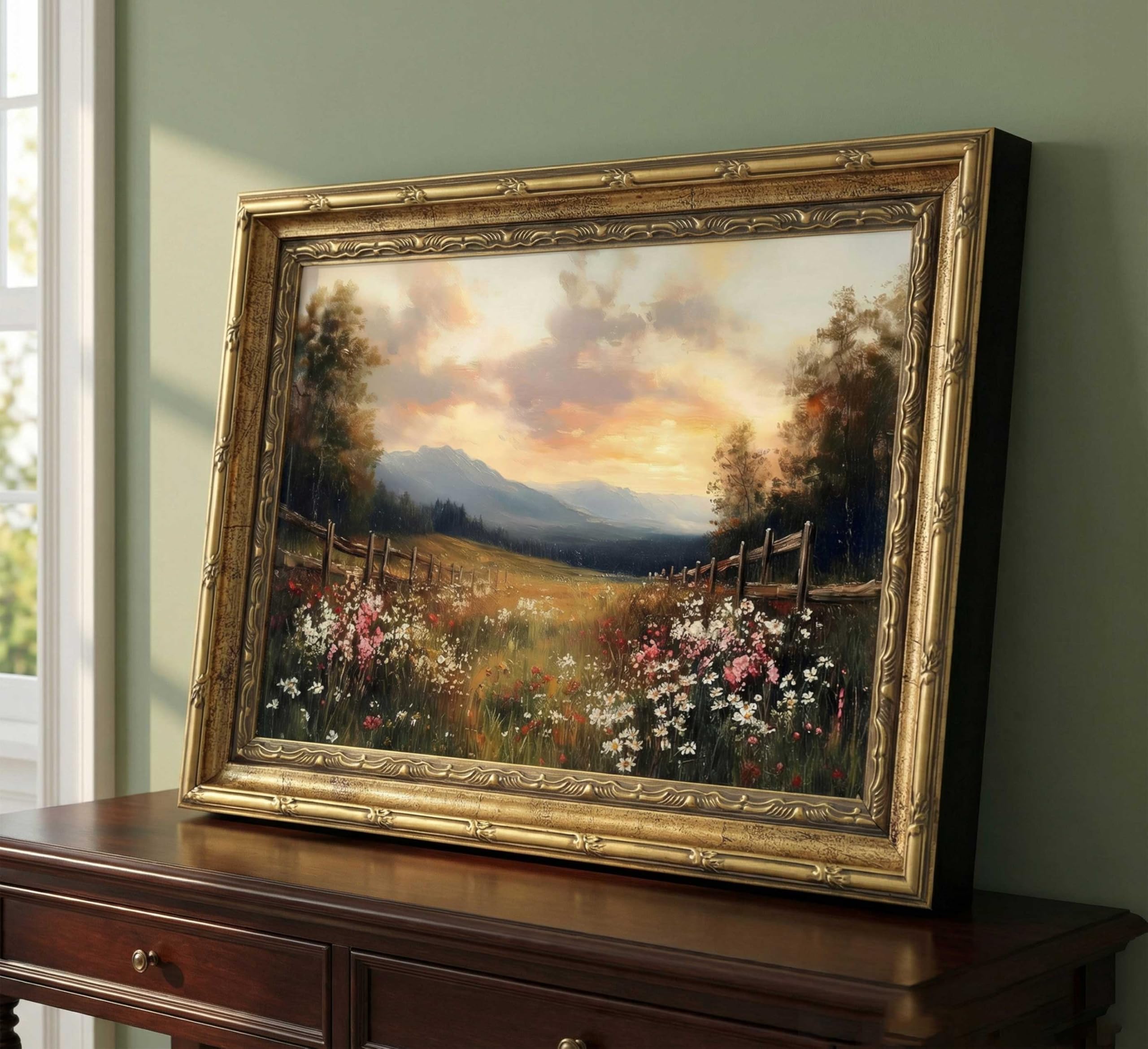 Vintage Gold Framed Wall Art, Retro Wildflower Canvas Print, Rustic Farmhouse Sunset Painting for Living Room, Bedroom, Office, 9x11 Inch - 3