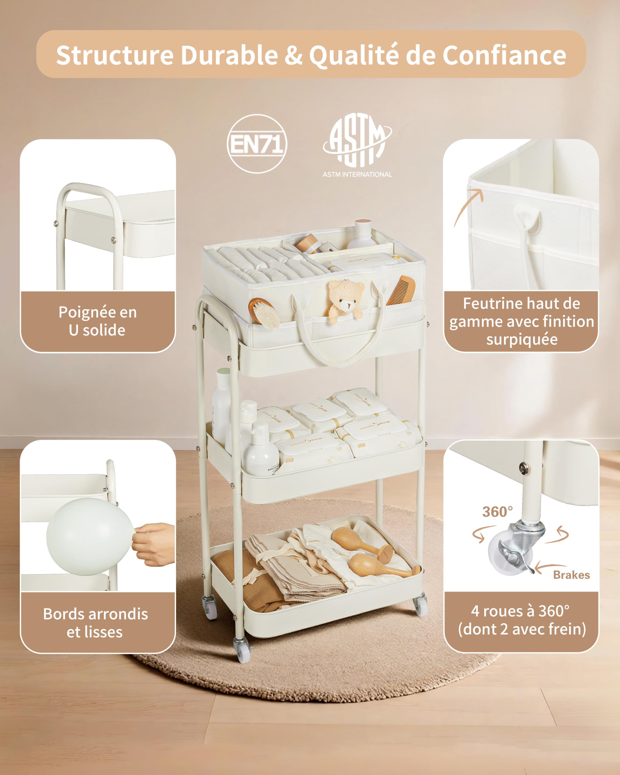 Fortella Desserte à Roulettes avec Panier Rangement Bébé, Chariot de Rangement 3 Niveaux, Sac a Langer Bebe Portable, rangement Table a Langer Bebe, Organisateur Cuisine Chambre, Salle de Bain (Beige)