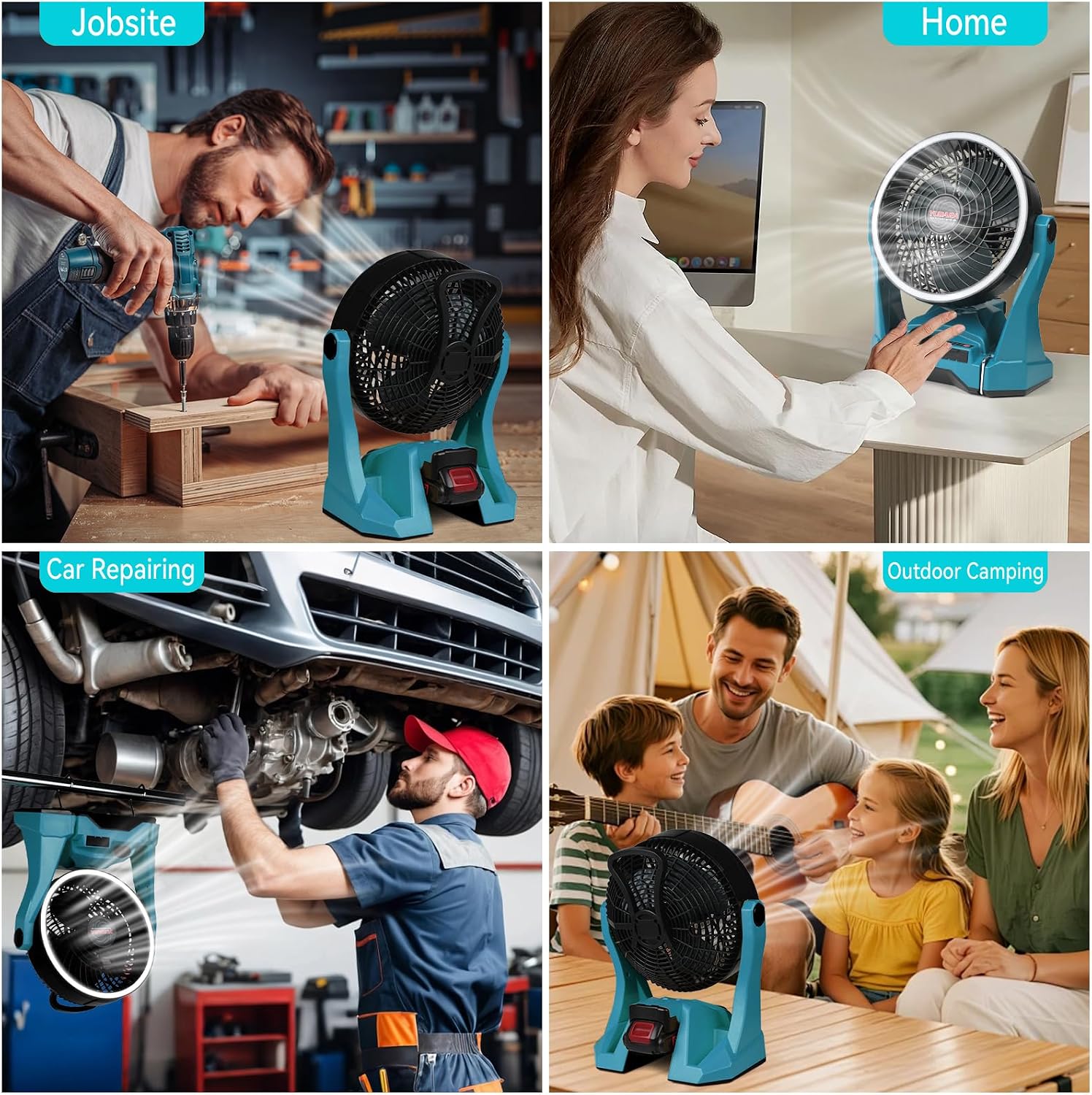 Battery Operated Fan Compatible with Makita 18V battery, Camping Fan Cordless with Bright LED Light & Hook for Hanging, Variable Speed Portable Fan for Tent Office Travel Picnic Jobsite(Tool Only)