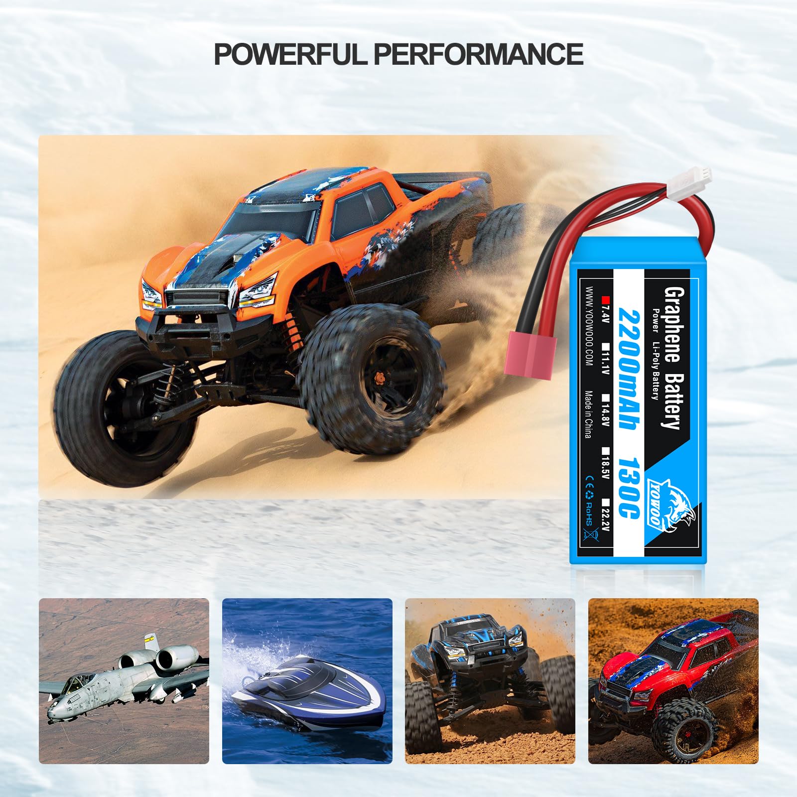 Yowoo - Confezione da 2 batterie Lipo 2S 7,4 V 2200 mAh 130C con spina Deans T ad alte prestazioni grafene Lipo per Traxxas 1 16 E Revo VXL Slash Summit Losi Mini 8ight e altre auto RC