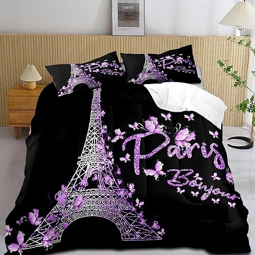 LUVIVIHOME Juego de edredón de París de 2 piezas, tamaño individual, edredón de mariposa morada, juegos de ropa de cama de la Torre Eiffel,