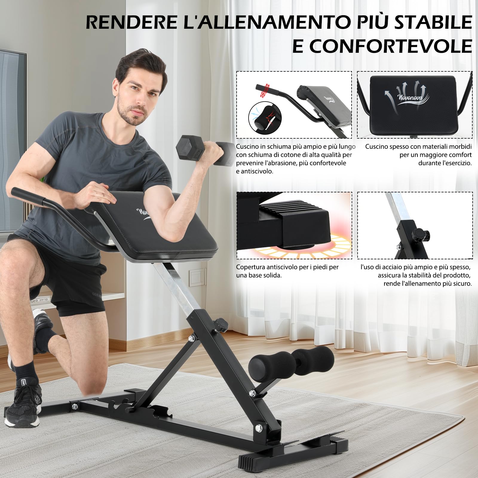 Panca Romana Multifunzione Pieghevole per Iperestensioni Addominali Schiena da Casa, Panca Pesi Regolabile Reclinabile 35°-55° per Allenamento, NV-5518