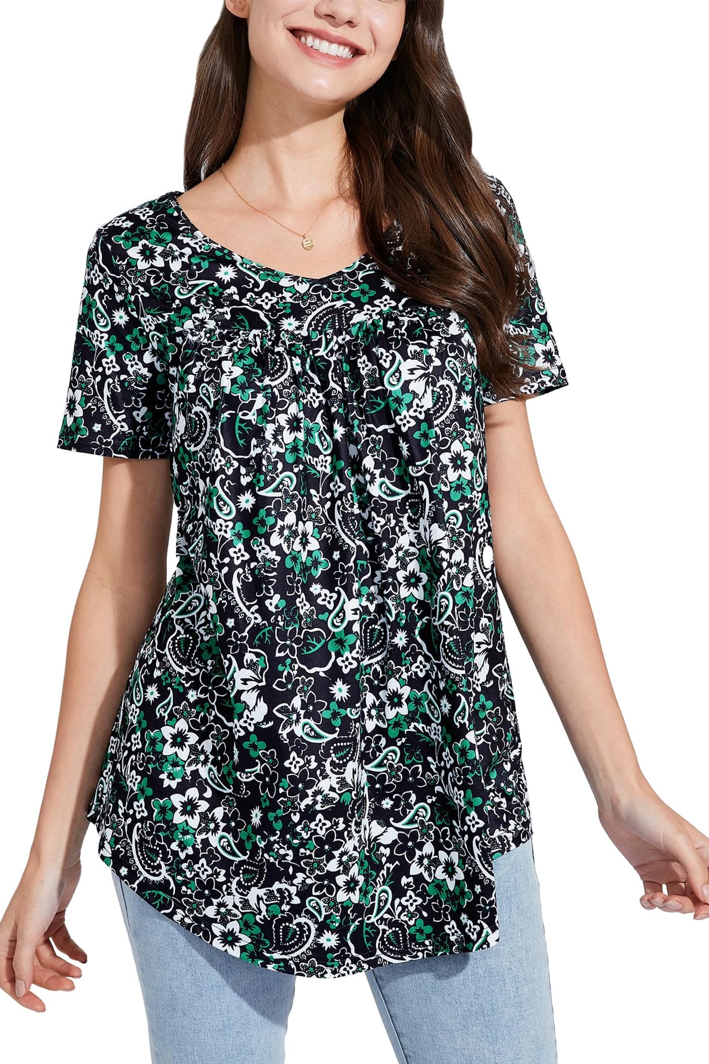 Enmain Blusa Informal Plisada de Manga Corta con Cuello en V y Estampado Floral para Mujer