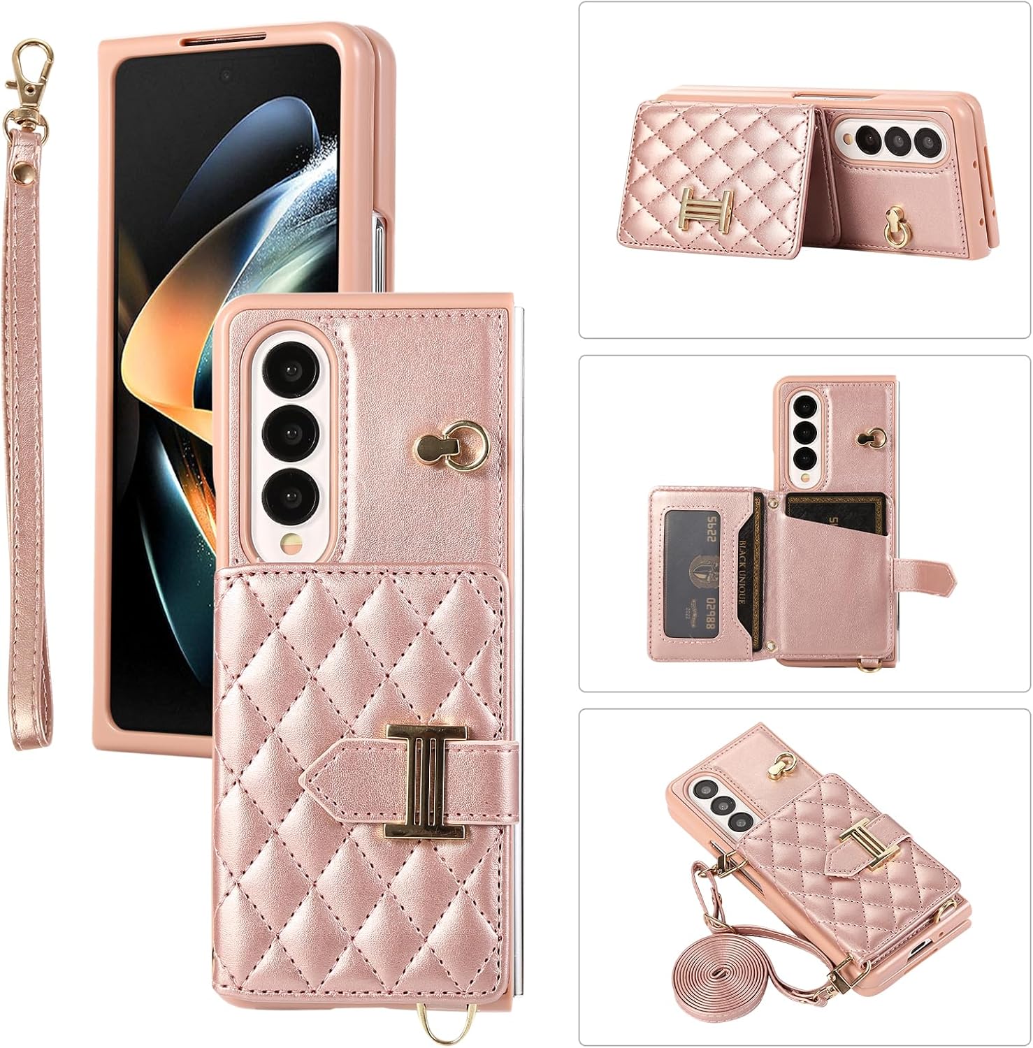 for Samsung Galaxy Z Fold 4 Wallet Case with 2 Card Slots,Shockproof and Skin-Like Soft Leather,Stylish and Luxurious Perfect for Women.(Rosegold)