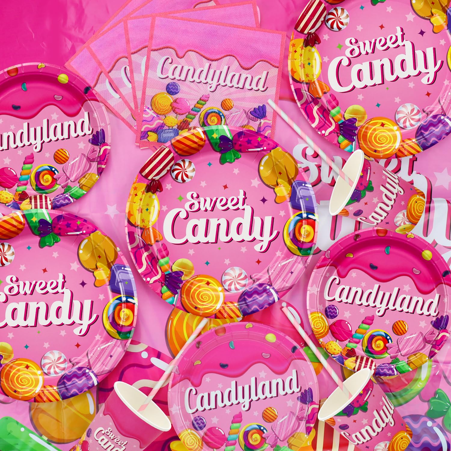 PEUTIER 48 Decorazioni per Festa a Tema Caramelle - 24 Lecca-Lecca e 24 Turbinii per Appendere - Adatte per Feste di Compleanno e Baby Shower