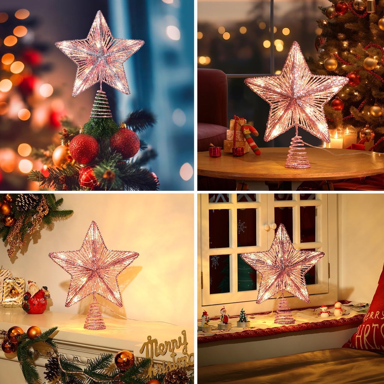 Árbol de Navidad Topper Estrella iluminada árbol T Estrella de árbol con Luces y Lentejuelas, Adorno for árbol de Navidad Iluminado for decoración navideña de árbol de Navidad en casa(Roze)