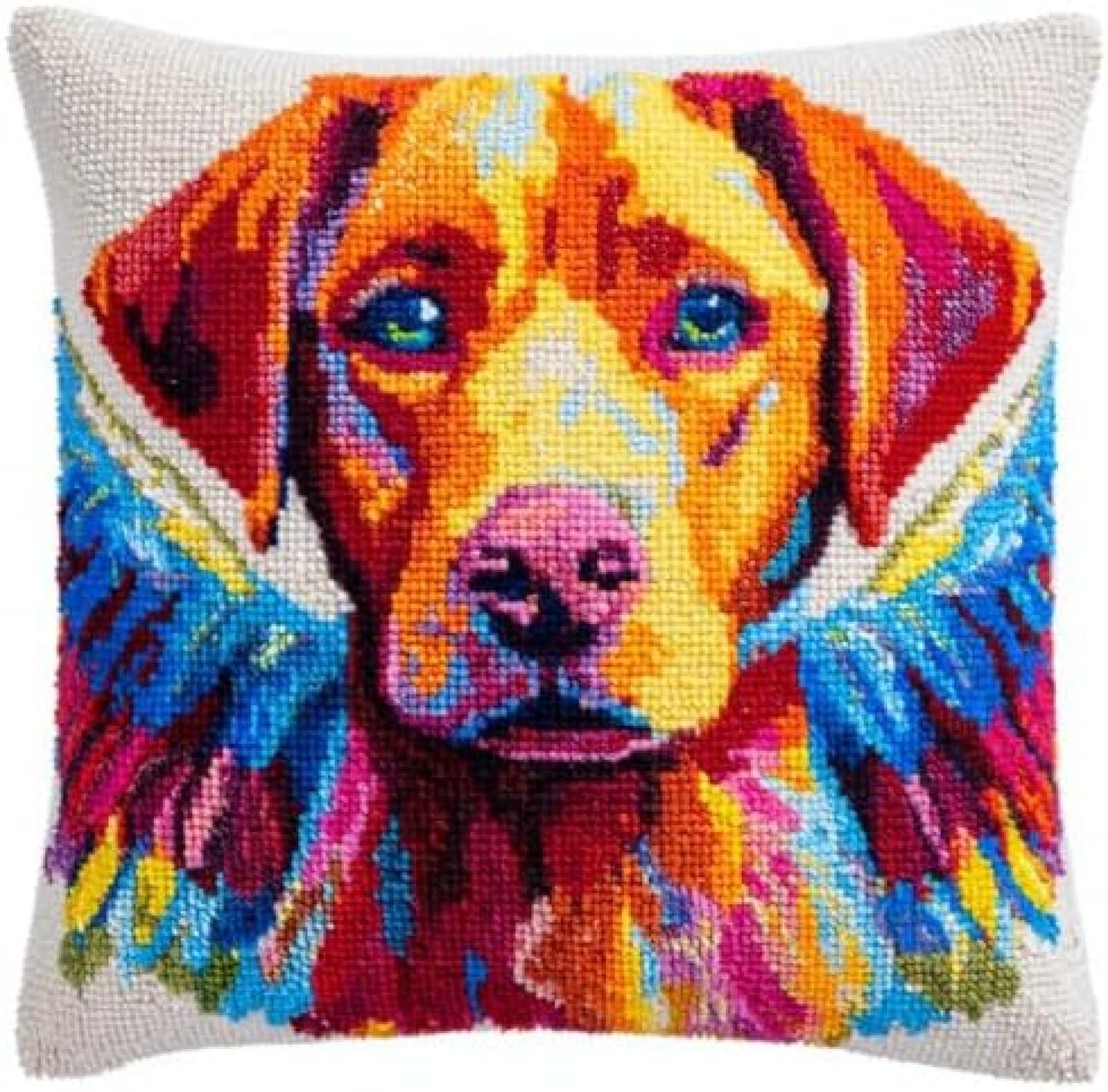 kitphoenix Adults DIY Cushion Cover Craft Kit,Retriever Colorful Angel Wing,Relaxing Latch Hook Hobby Set with Printed Canvas and Yarn,Gift Idea for Women