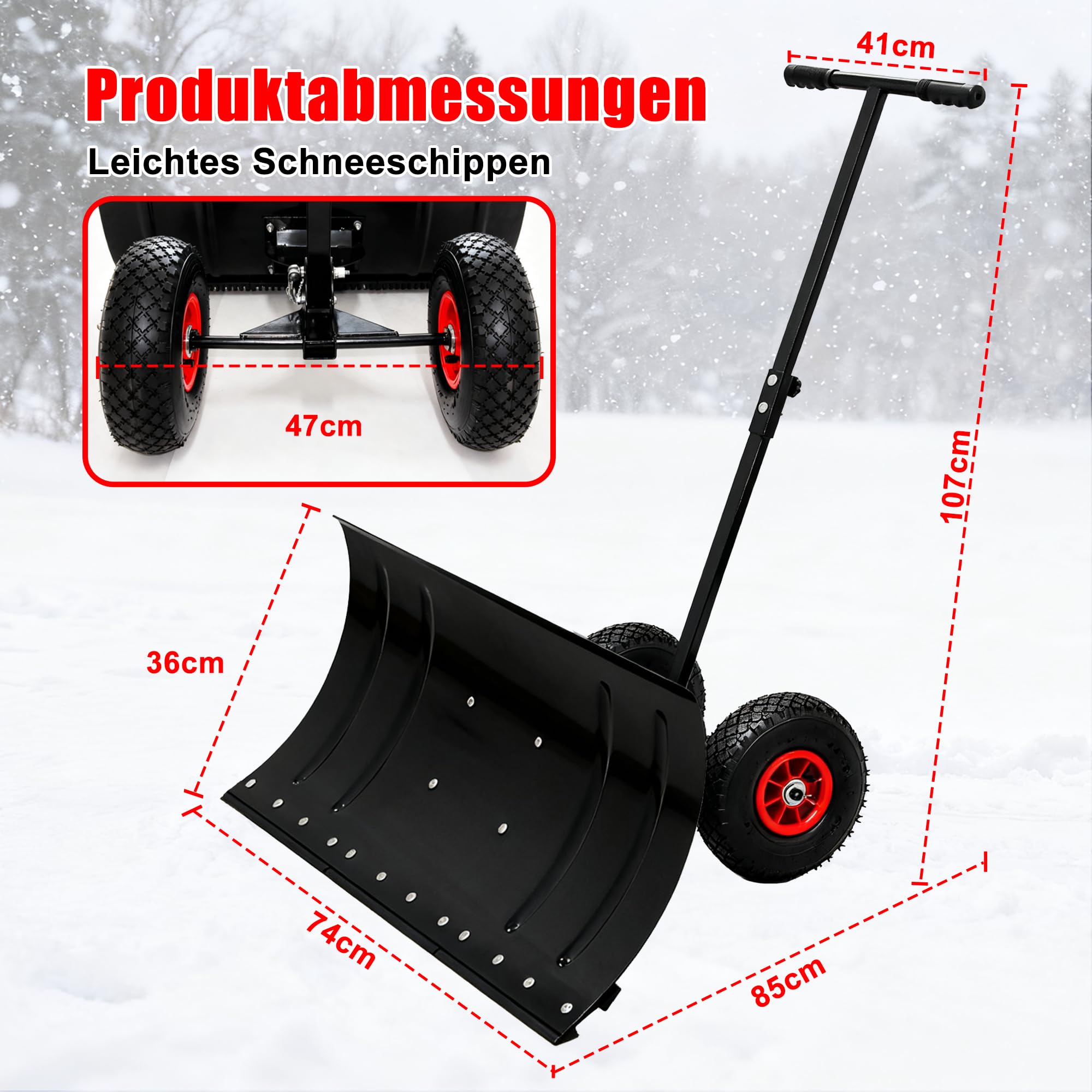 Räder-Schneeschieber 74x36cm - Rückenschonender Schneeschaufel mit 5-Fach Höhenverstellung, Klappbarer Metall-Schneeschild für Garten, Gehwege & Einfahrten