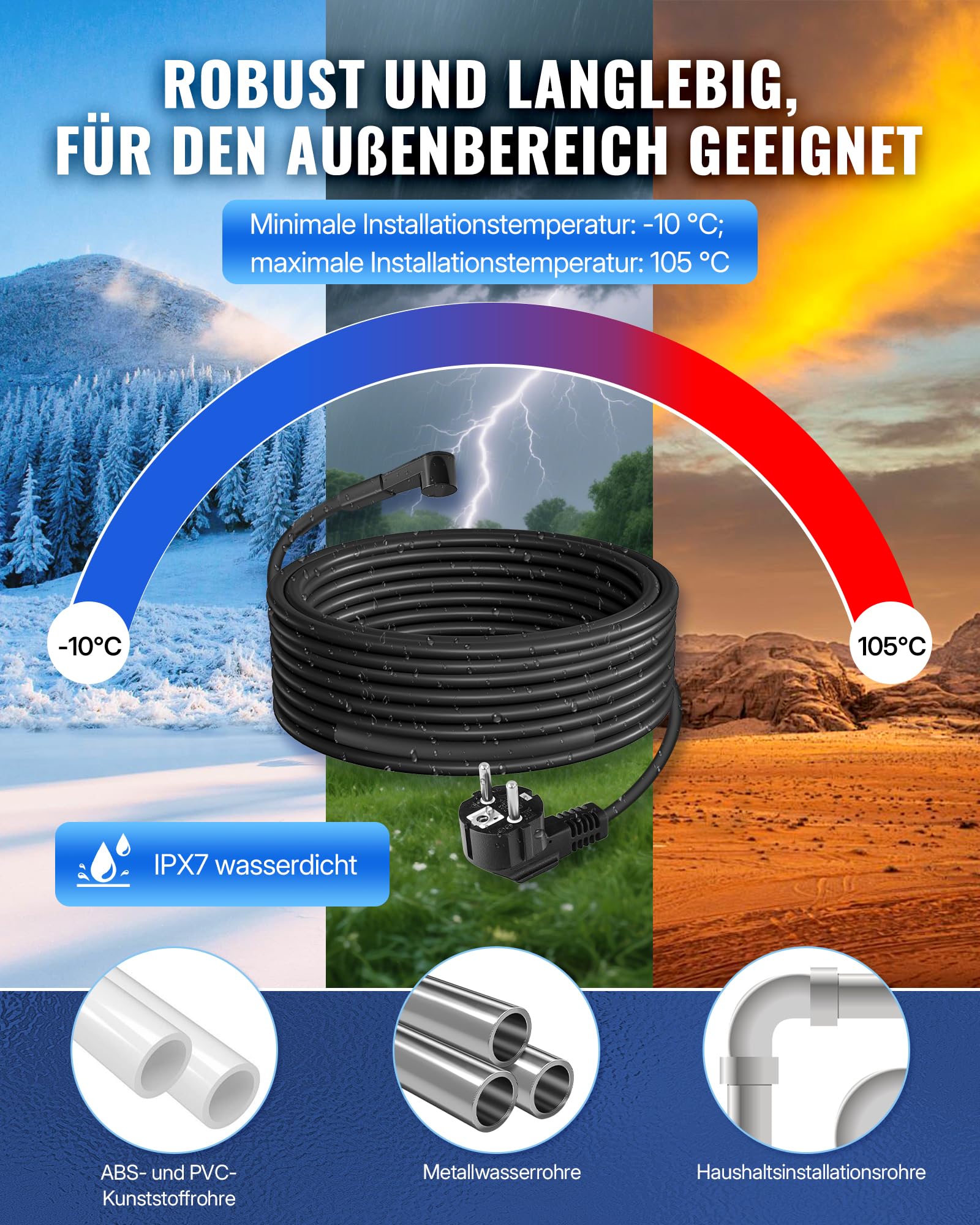 4 m Heizkabel 230V mit Thermostat, 17W/M Frostschutz Heizband, IPX7 Wasserdicht, für Kupferrohre, Metall- und Kunststoffrohre, Automatische Ein-Ausschaltung ZB04HCD06