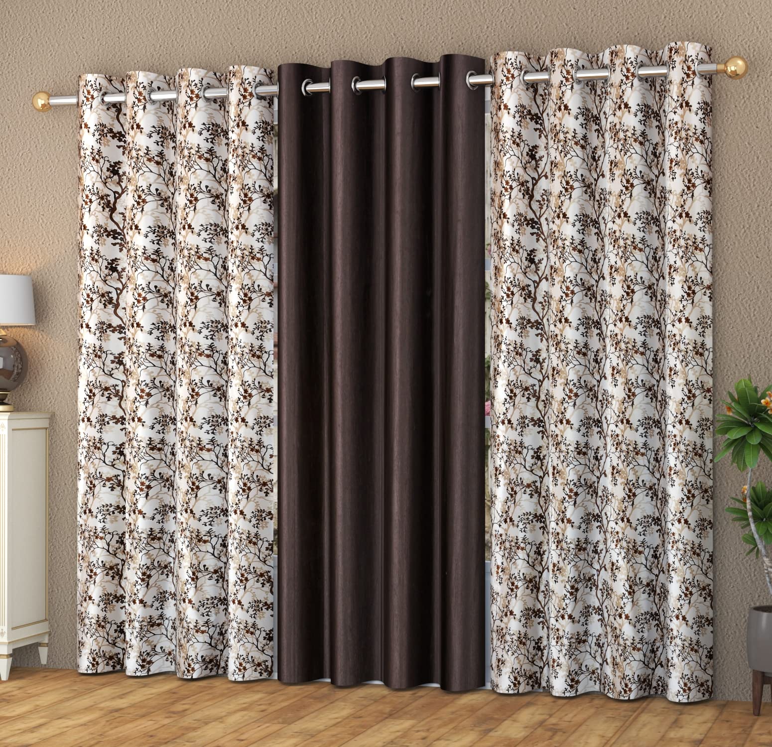 Kiara Creations Premium 3 Piece Combination of Printed and Plain Curtains for Window 5 Feet, Brown (B0C81M3YNC) Amazon Price History, Amazon Price Tracker