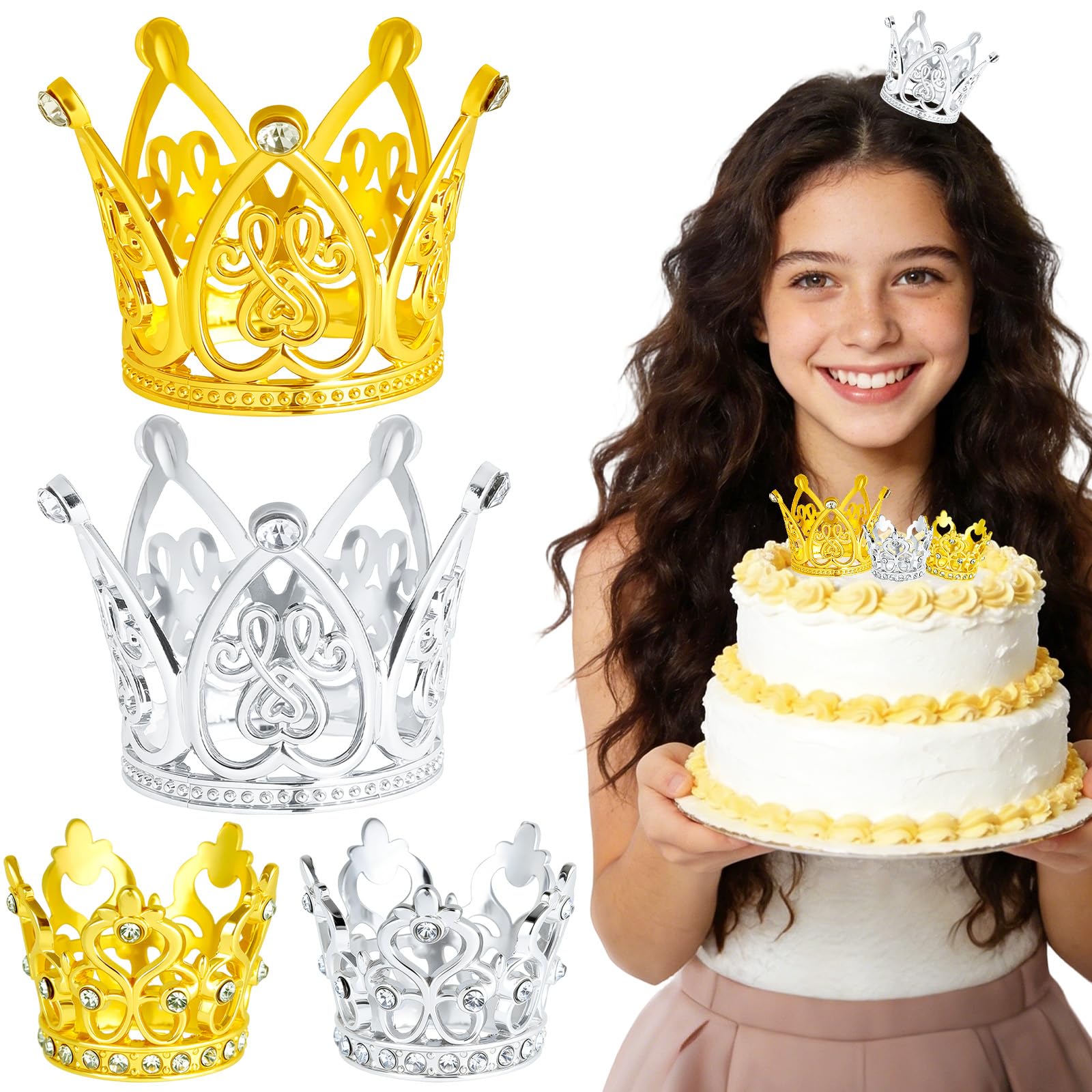 BLMHTWO 4Pcs Crown Cake Topper Gold Silver Small Crown Queen Mini Crown Princess Headpiece Mini Tiara Cake Decoration for Women Girl Bridal Wedding Royal Themed Decor Birthday Party
