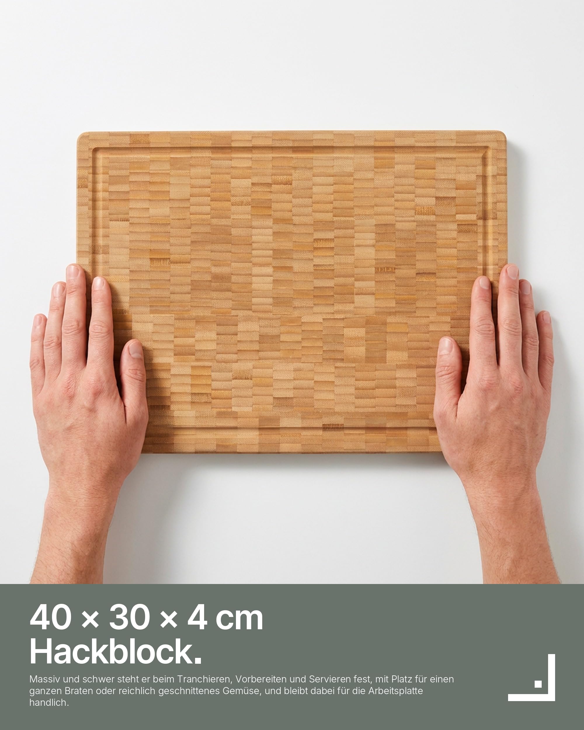 LARHN Stirnholz Hackblock Bambus massiv - 40x30x4 cm - Schneidebrett Holz | Messerschonend, Saftrille, Griff, vorgeölt, wendbar, plastikfrei, für Fleisch, Gemüse, Brot, Käse & Wurst