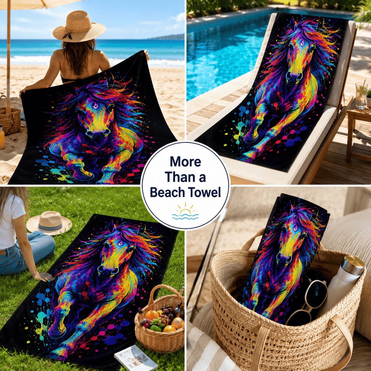 Telo Mare Microfibra Cavallo Colorato Asciugatura Rapida | Asciugamano da Spiaggia Cavallo Astratto, 145x200 cm, Assorbente, Accessori Mare, per Palestra Viaggio