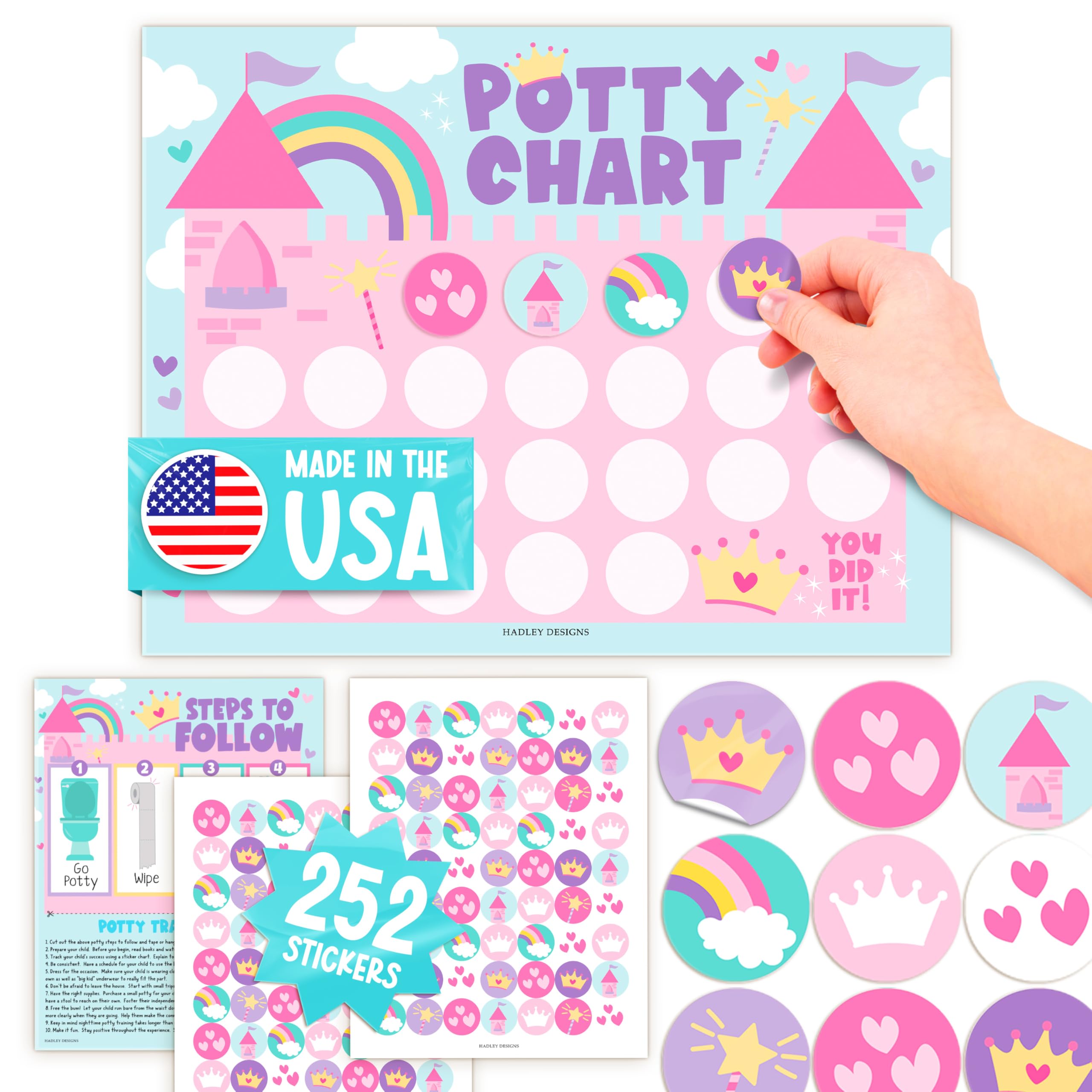 Potty Training Chart for Toddlers Girls -10 Sticker Potty Chart for Toddlers Girls, 8.5x11" Potty Training Sticker Charts for Toilet Success, Princess Toddler Reward Chart for Kids