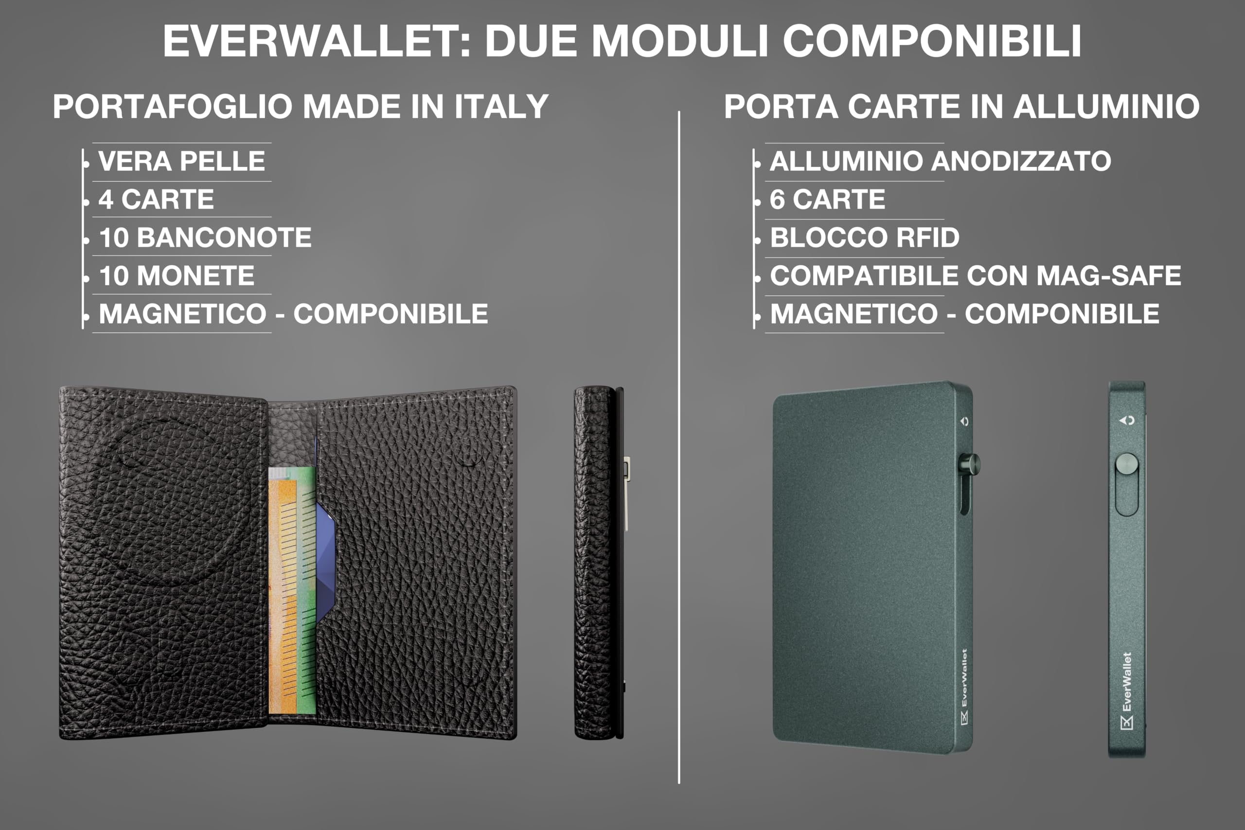 EverWallet Portafoglio Uomo Slim in Pelle Vera e Alluminio - Made in Italy - Porta Carte di credito Smart Compatto, Meccanismo Espulsione, Blocco RFID – Minimalista e Sottile (Nero)