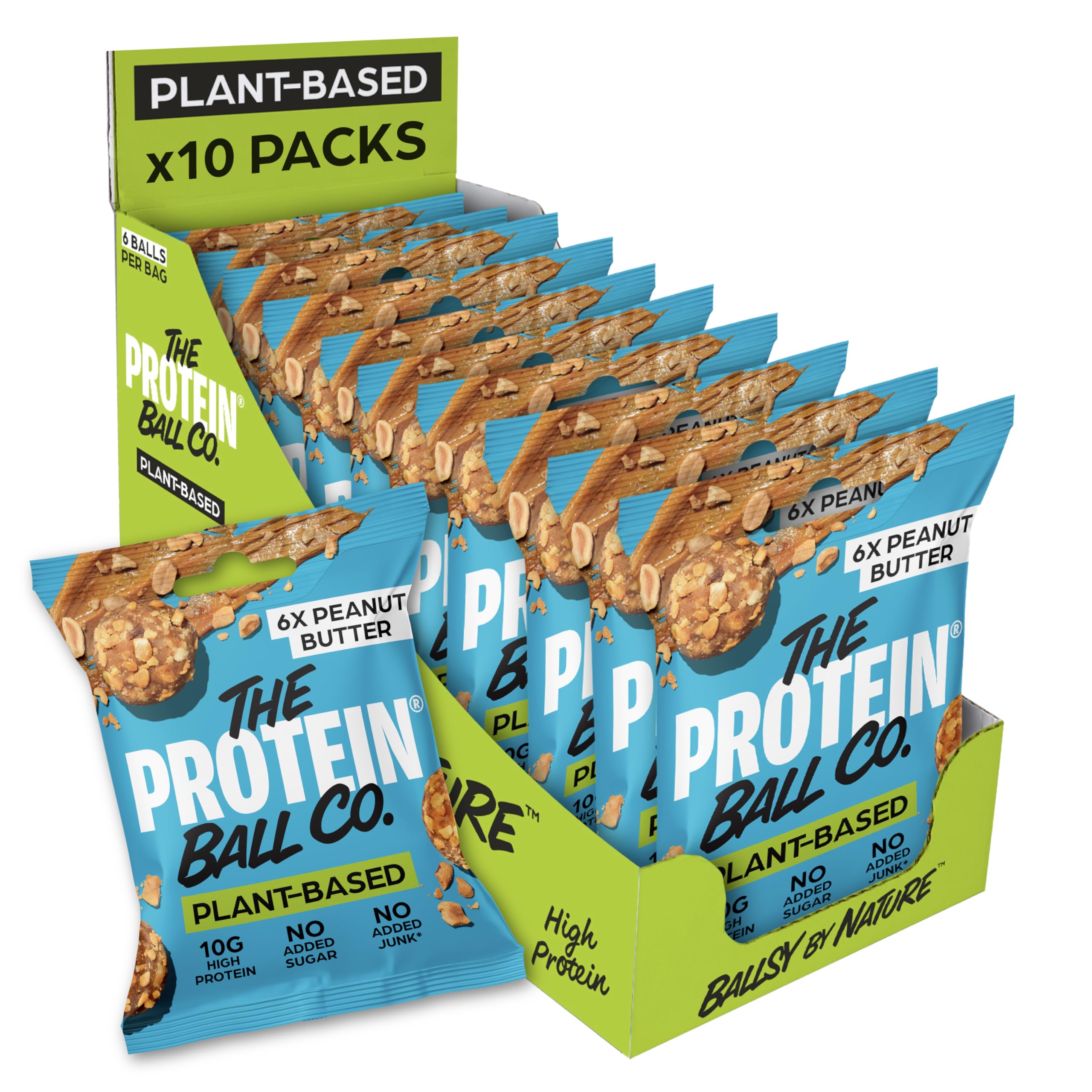 The Protein Ball Co Peanut Butter Plant Protein Balls - Vegan Snack, Healthy Snacks, Gluten-Free, No Added Sugar - On-the-Go Energy Balls, Box of 10 Bags