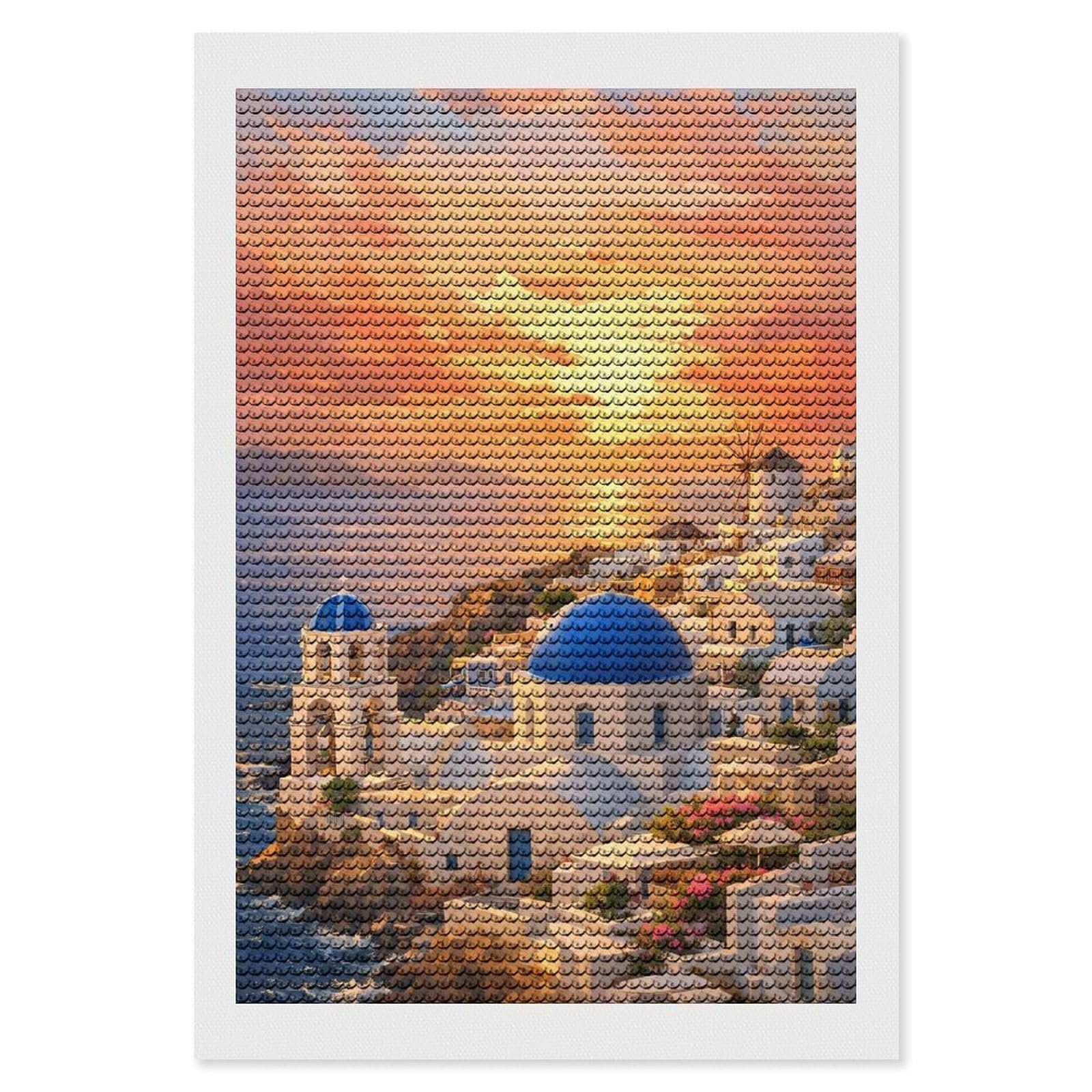 Junmoney Santorini Sunset Village Painting Diamond Painting Kit 8"x12", Easy Handmade Project, Easy to Enjoy, Aesthetic Room Decor, Christmas Gift