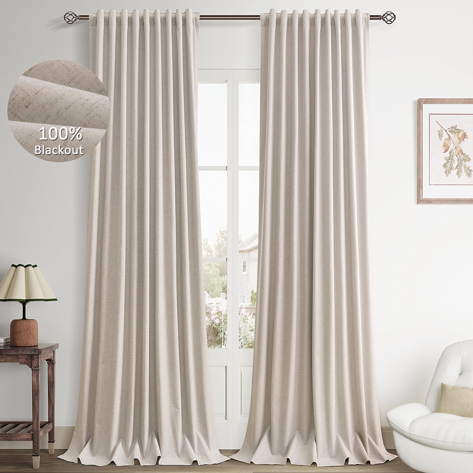 Hokibero Taupe Blackout Curtains Linen for Bedroom 108 Inches Long Back Tab Farmhouse Living Room Darkening Curtains Thermal Insulated Modern Curtain Black Out Greige 52x108