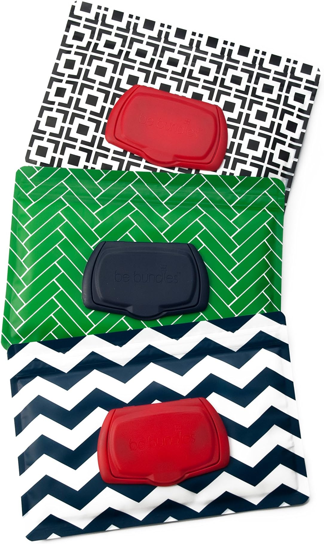 Be Bundles Wet Wipes Pouch VERSION 2 - NEW replacement snap-on lid included, 3-Pack, Green Herringbone/Navy Chevron/Black Geometric - VINYL FREE (EVA and PVC)!!