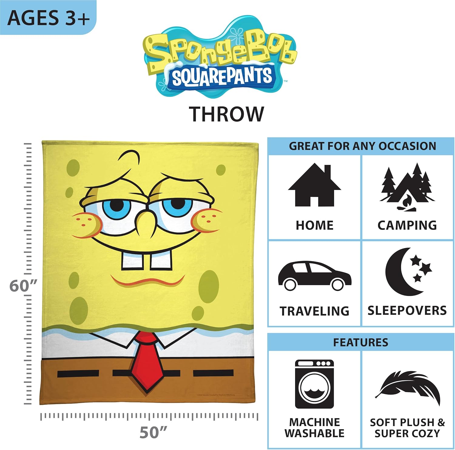 SPONGEBOB SQUAREPANTS Soft Cozy Fleece Throw Blanket, 50 x 60 inches