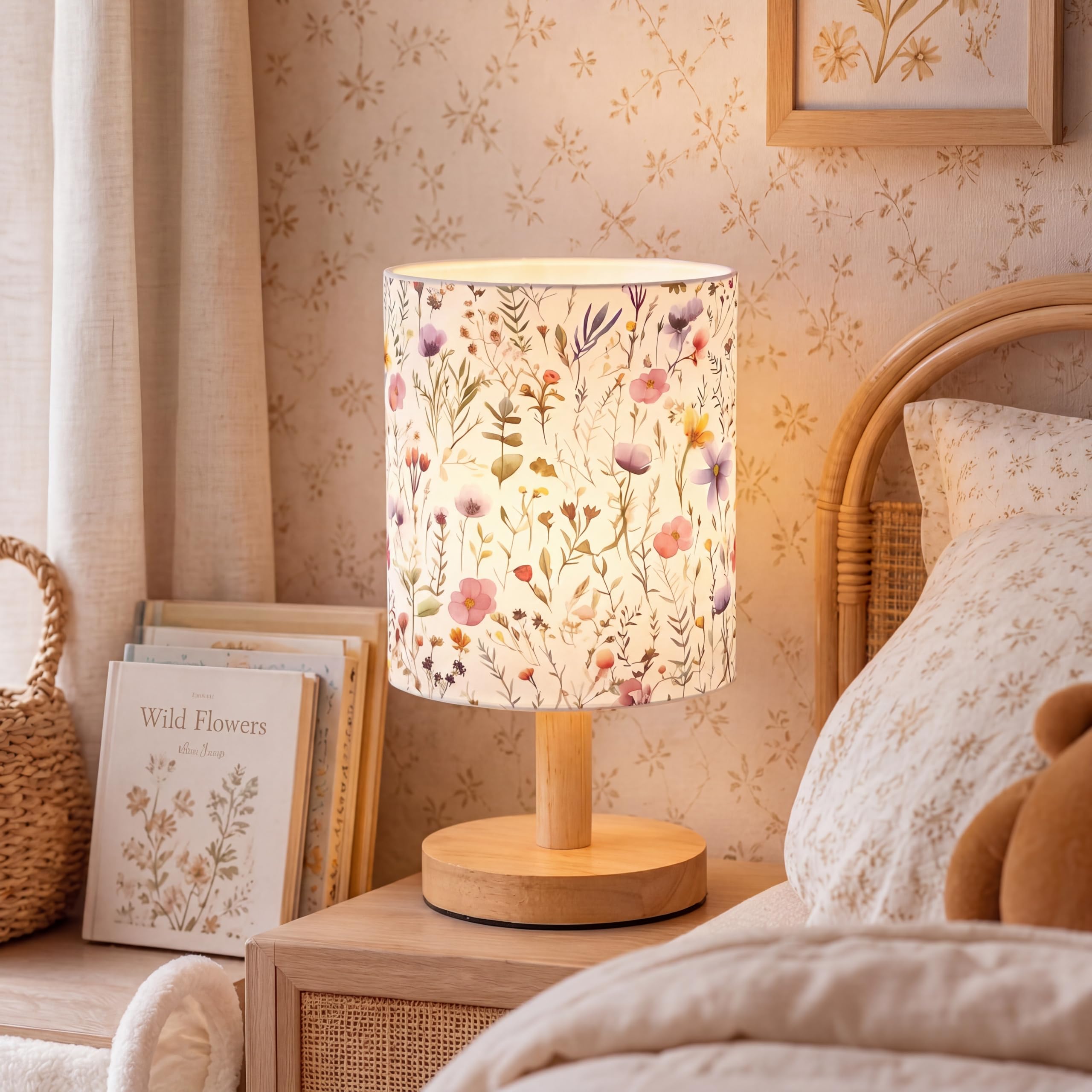 VIHOSE Wildflower dziecięca lampa stołowa do sypialni dzieci lampka nocna z lnianą drewnianą szafką nocną kreskówka przedszkole abażur dla dziewcząt chłopców salon