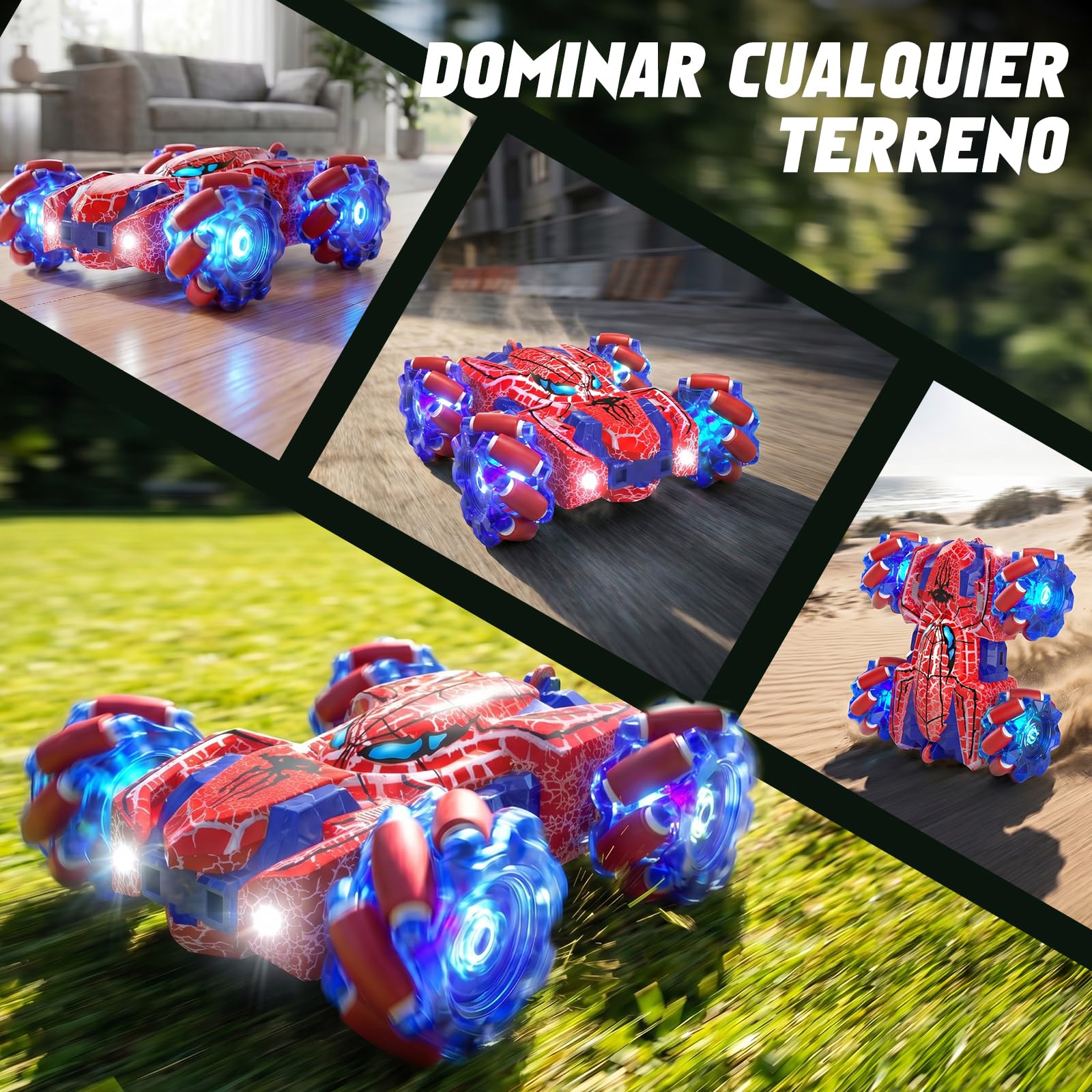Spider Coche Teledirigido con Reconocimiento de Gestos a Partir de 4 5 6 7 8 9 10 11 12 años, Coches RC Doble Cara con Iluminación Completa, 2,4 GHz Coche Stunt RC Recargable con Mando a (Rojo)
