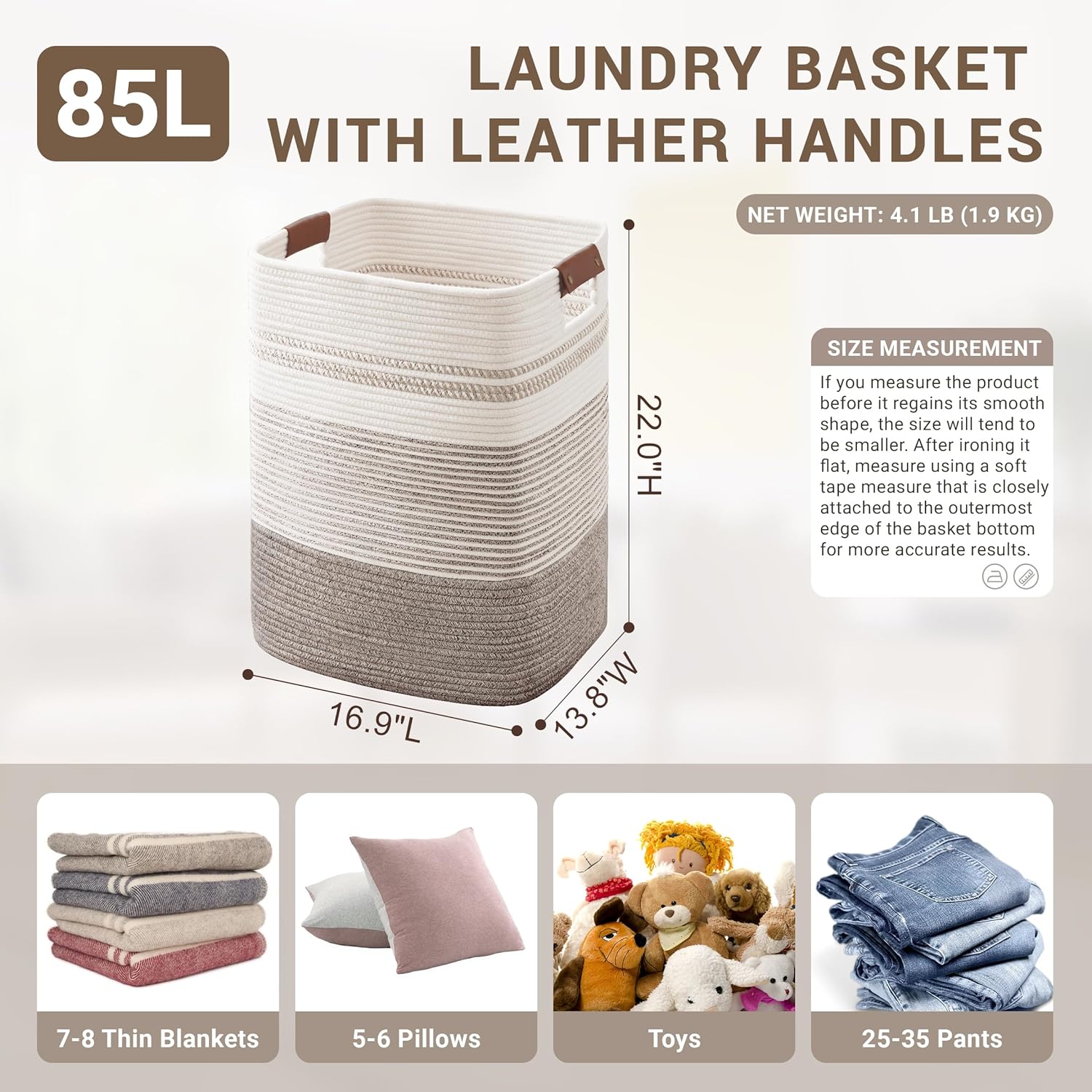 85L Tall Laundry Hamper with Handles for Living Room Storage, Extra Large Woven Rope Baskets Bin for Blanket, Kids Toy, Gifts, Wicker Hamper for Bedroom Dirty Clothes, 17"x14"x22" Dark Brown