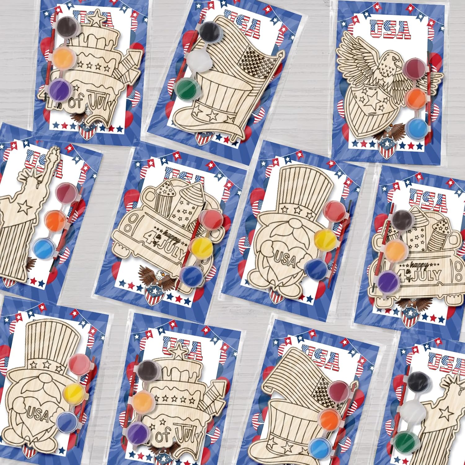 12 Pcs 4th of July Crafts Patriotic Wooden Crafts for Kids, USA Independence Day DIY Painting Cutouts Craft Kits for Memorial Veterans Day Party Favors School Activities Games