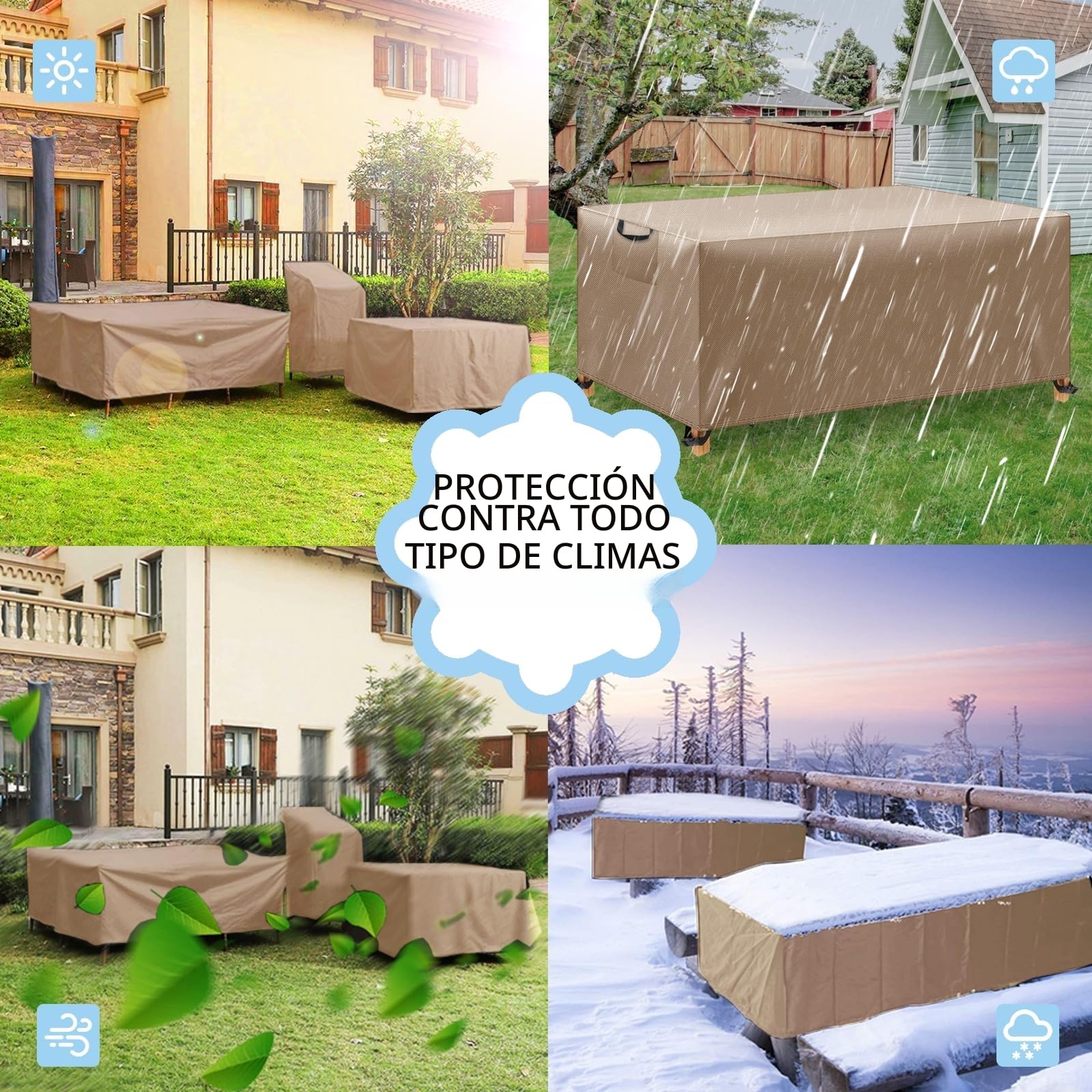 Funda para Muebles de Jardín Exterior, Funda Mesa Exterior Impermeable, Tela Oxford 420D, Anti Viento, Anti UV Funda Protectora Mesa Exterior con Salidas de Aire,Caqui, 200x100x75 cm