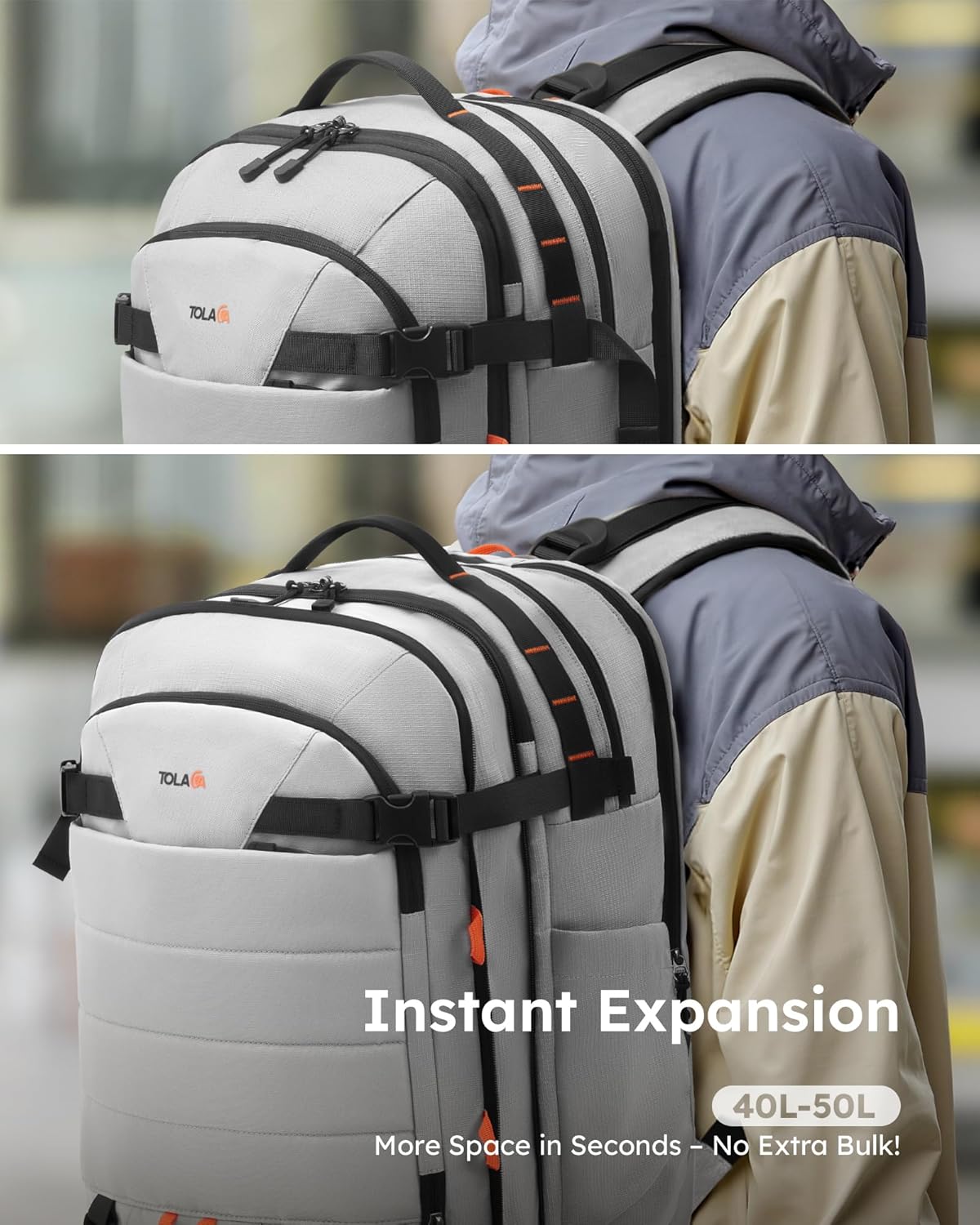 Tolaccea Carry on Travel Backpack, TSA Friendly Flight Approved Laptop Backpack Duffle Bag for Men Women with Dual Laptop Storage for 17.3", Expandable Business Rucksack 40L-50L Large - Grey - Image 3