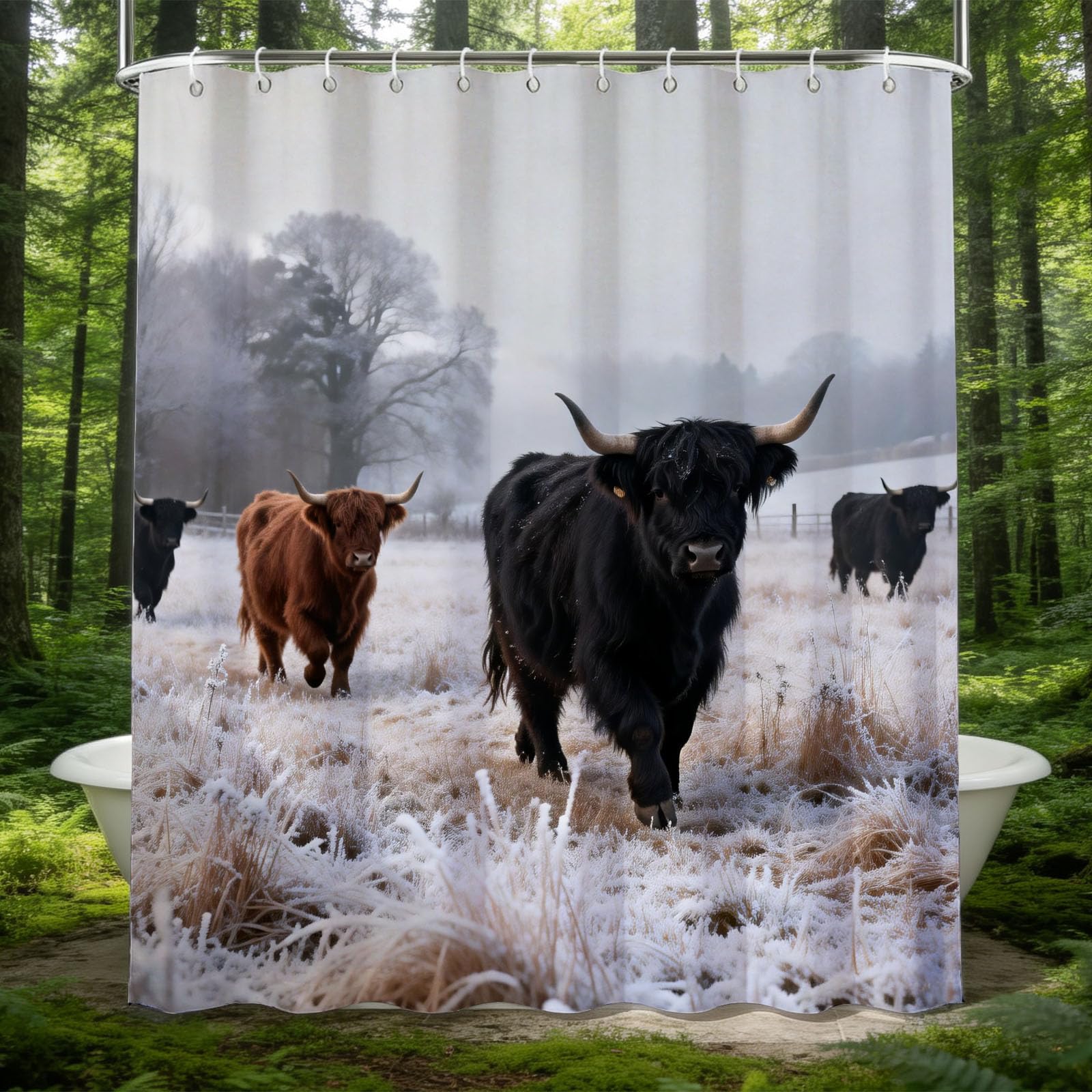 Hongduo 3D Highland Cow Shower Curtain for Stalls Bathtubs Animal Print Bathroom Decor Shower Curtain Set Polyester Fabric Waterproof 180x180cm/71X71 Inch with Hooks