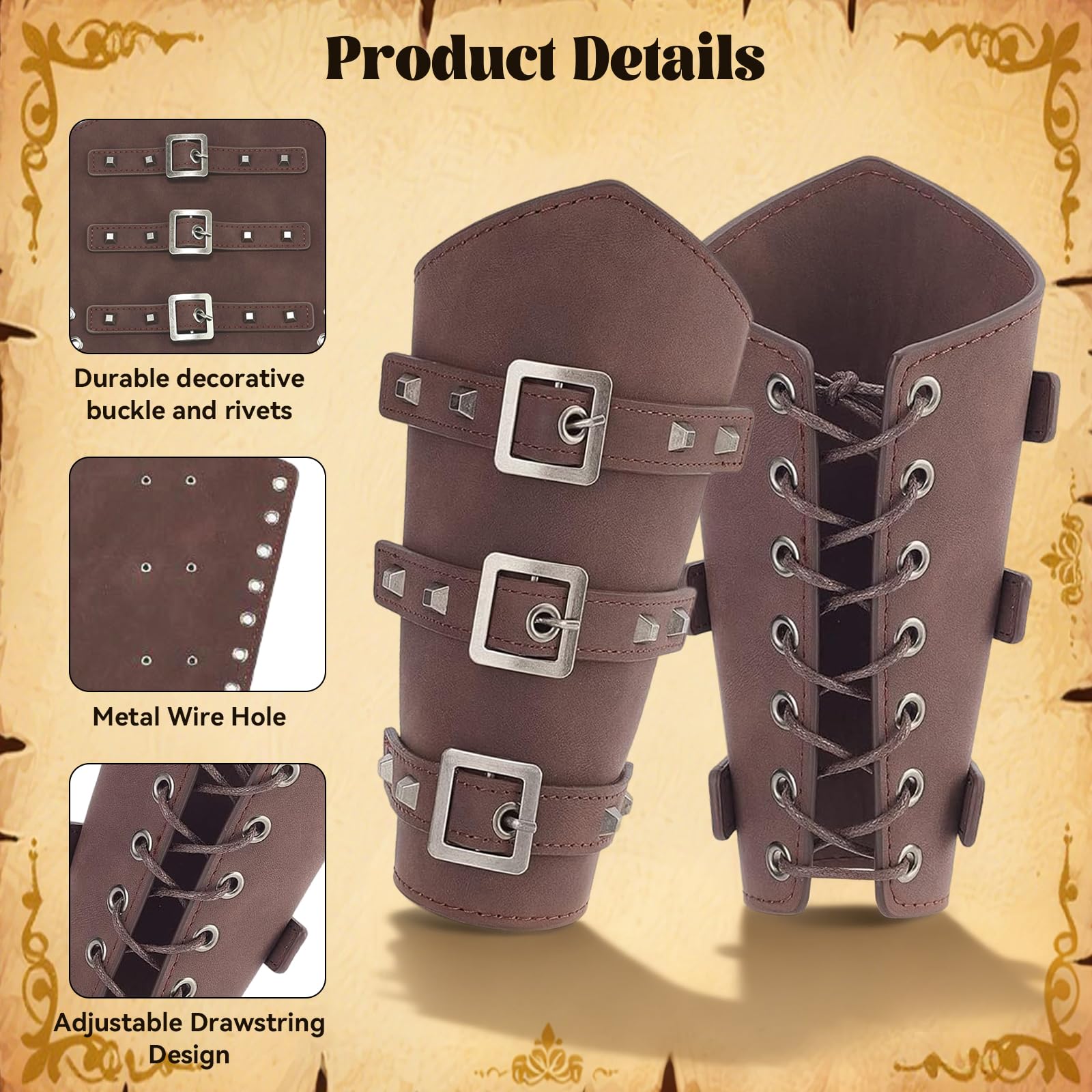 2 Pièces Protège Bras en Cuir Viking, Protège-Poignet Médiéval, Réglable Brassard Cuir, Rétro Renaissance Protection de Bras pour Chevaliers pour Halloween Décoration Punk Cosplay