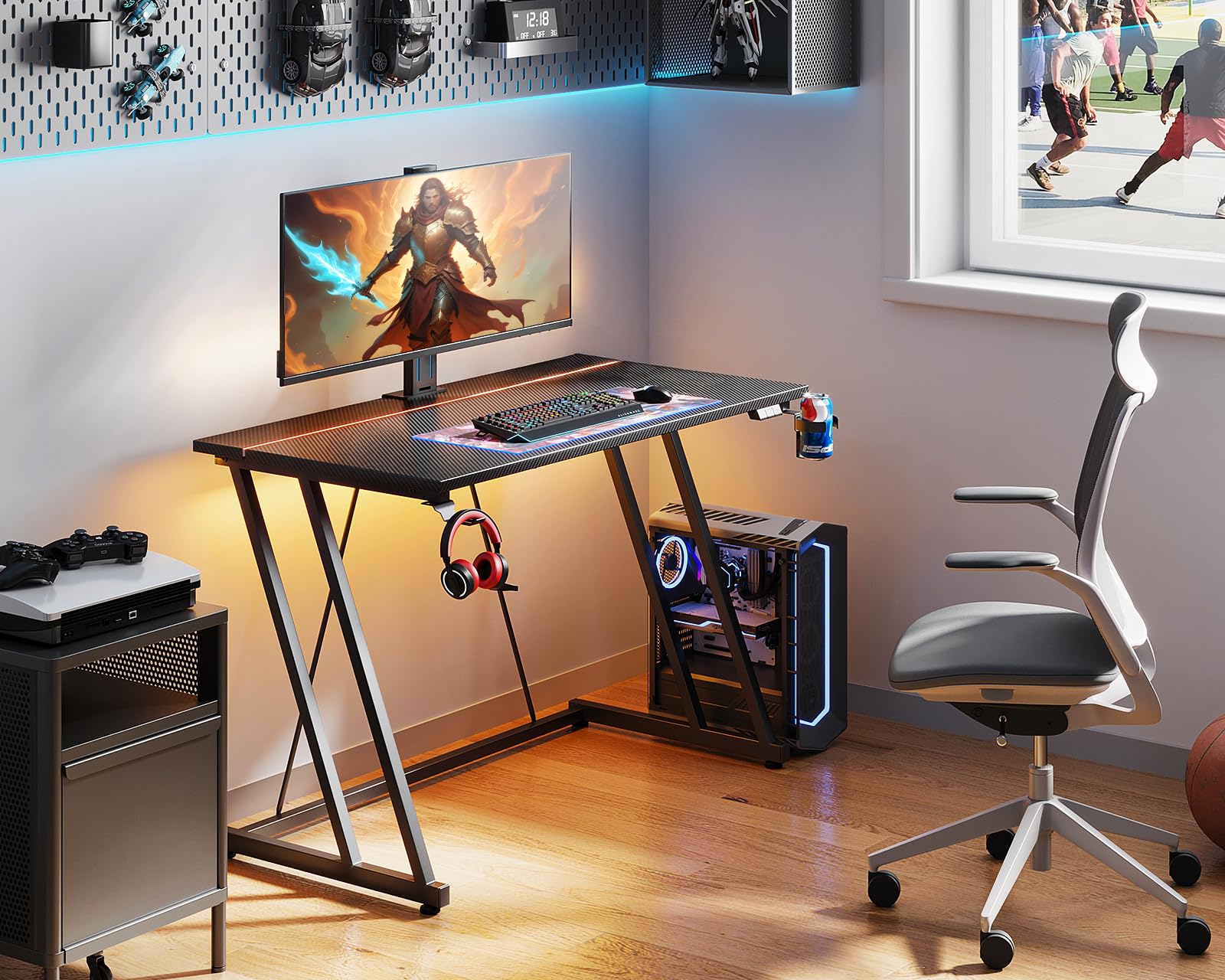 ODK Kleiner Gaming Tisch mit LED, 100×50 cm, Carbon Fiber Schwarz | Gaming Schreibtisch mit Becherhalter und Kopfhörerhaken, Doppel-Z-Rahmen-Design, Platzsparend, für Kleine Räume