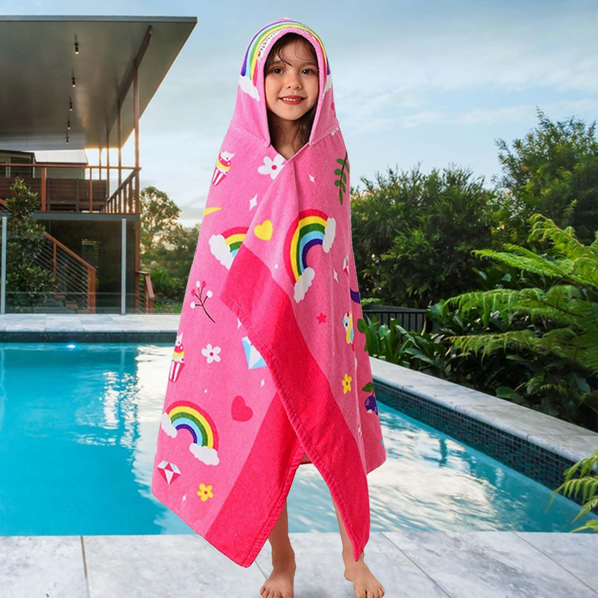 VOOVA & MOVAS Toallas con capucha para niños de 3 a 10 años, algodón suave y grueso, absorbentes, para playa, baño, piscina, natación, cubierta para niñas, unicornio floral rosa
