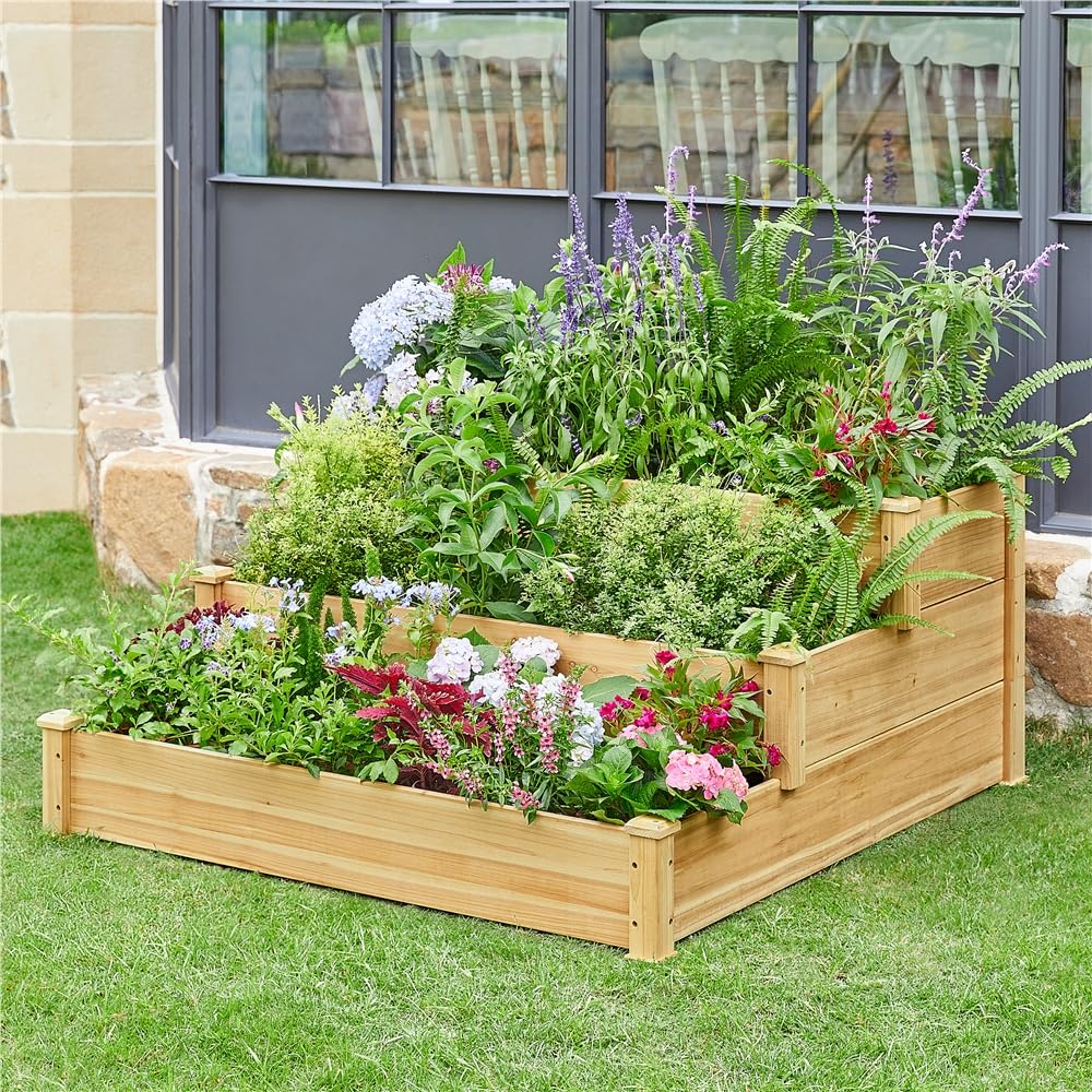 Yaheetech Letto Orto Rialzato da Giardino Etserno Interno Grande a 3 Livelli Aiuola Rialzata Vasca per Piante in Legno 120 x 120 x 56 cm Marrone Chiaro