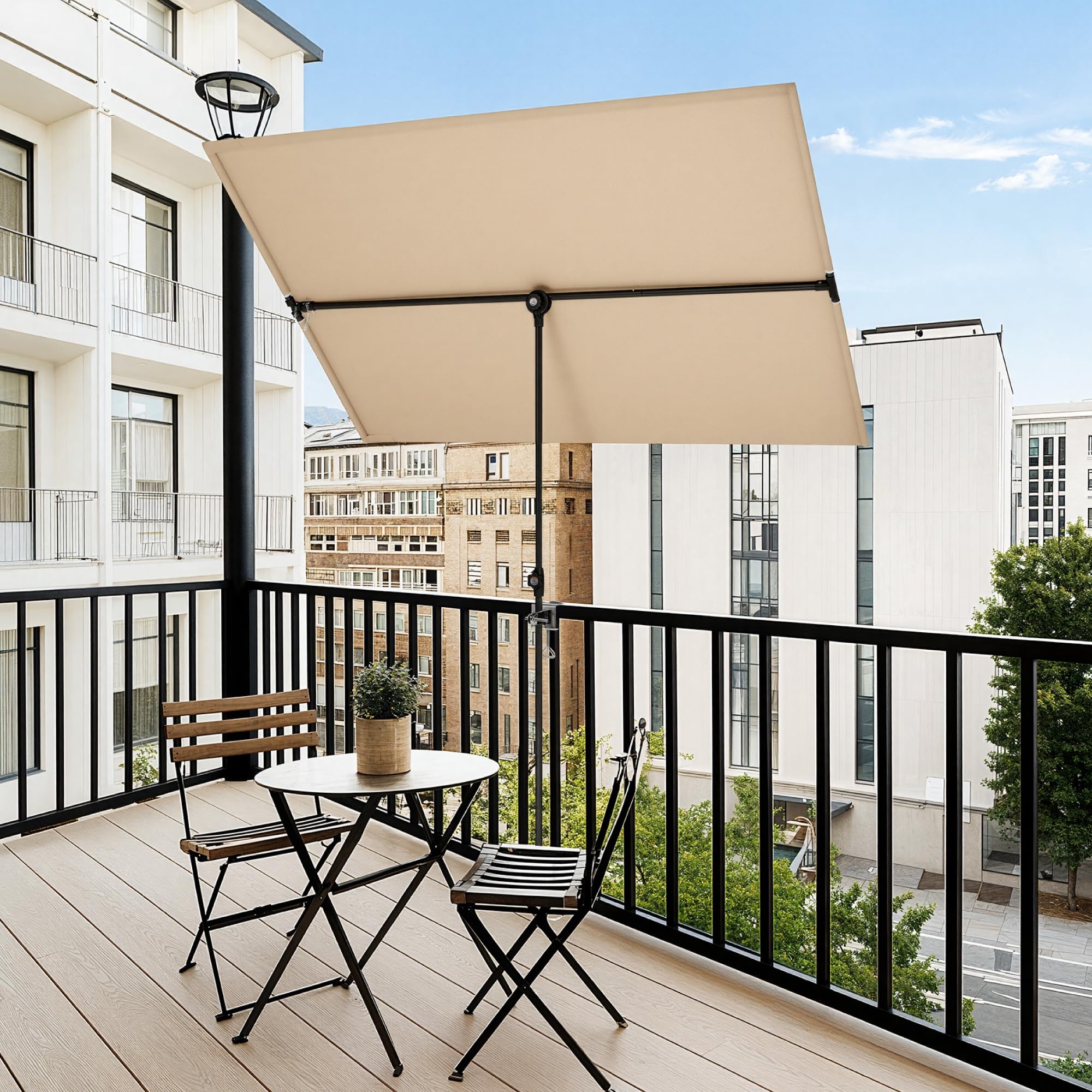 PHI VILLA 180x130cm 360°Drehbar Sonnenschirm mit Hülle & klemme, Aluminium Balkonschirm Höhenverstellbar Windfest Stabil zum Mitnehmen, UV50+ Schutz für Balkon Terrasse Balkongeländer Tisch