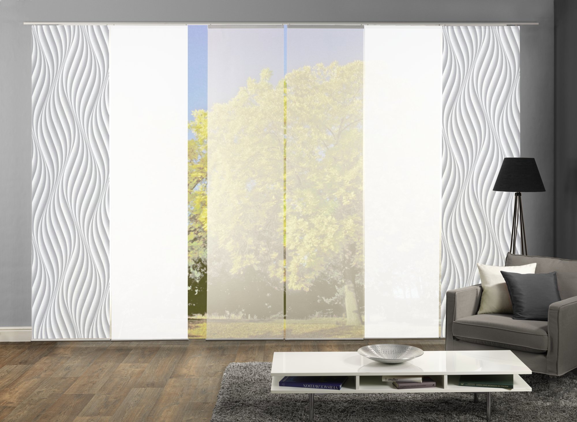 6er-Set Flächenvorhang, Deko Blickdicht, Jennifer, Höhe 245 cm, 2X Dessin grau / 2X Uni weiß Blickdicht / 2X Uni weiß halbtransparent