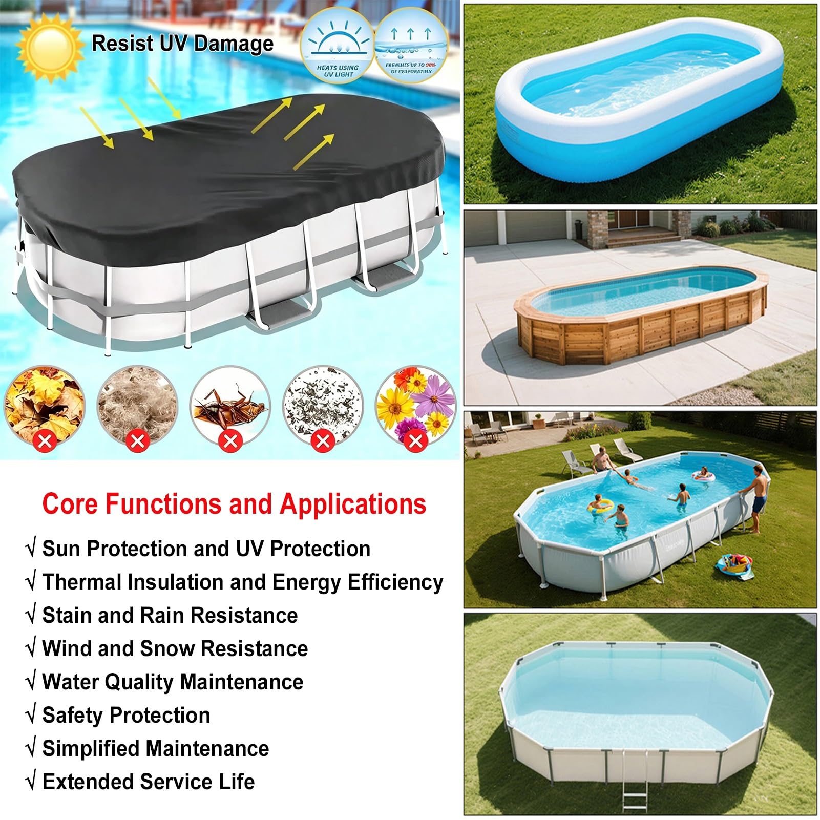Cobertor Piscina Ovalada 9x18FT, Tela Oxford 420D Cubre Piscinas, Resistente al Agua, al Polvo y al Desgarro Cobertor Piscina Invierno con Cuerda y Estacas para el Suelo