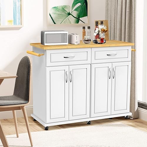 Codesfir Carrito de isla de cocina con ruedas con cajón, carrito de cocina rodante con toalla y 2 armarios de almacenamiento, isla de cocina con